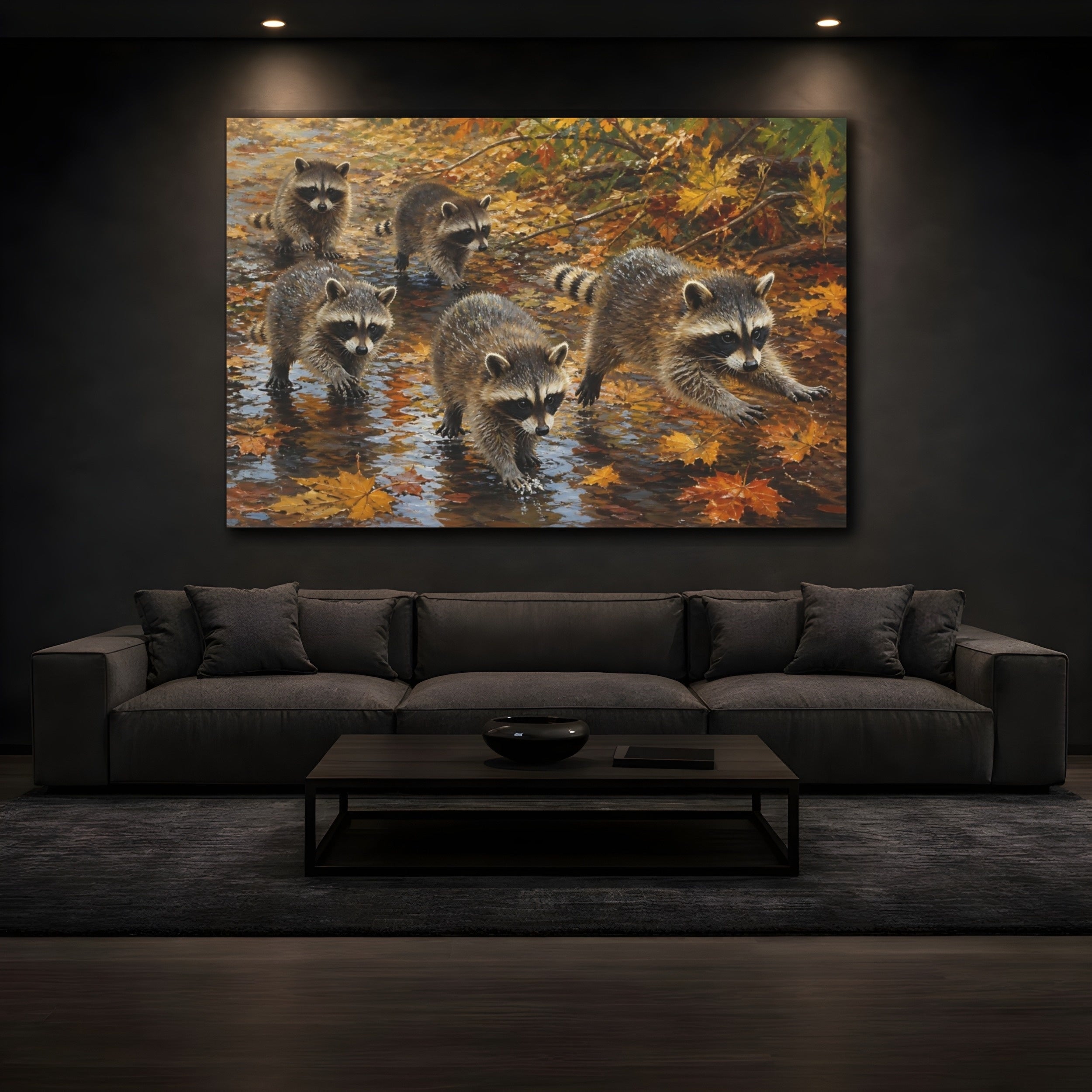 Mockup 3. Animals Raccoons Brown And Orange shown as stretched canvas wall art
