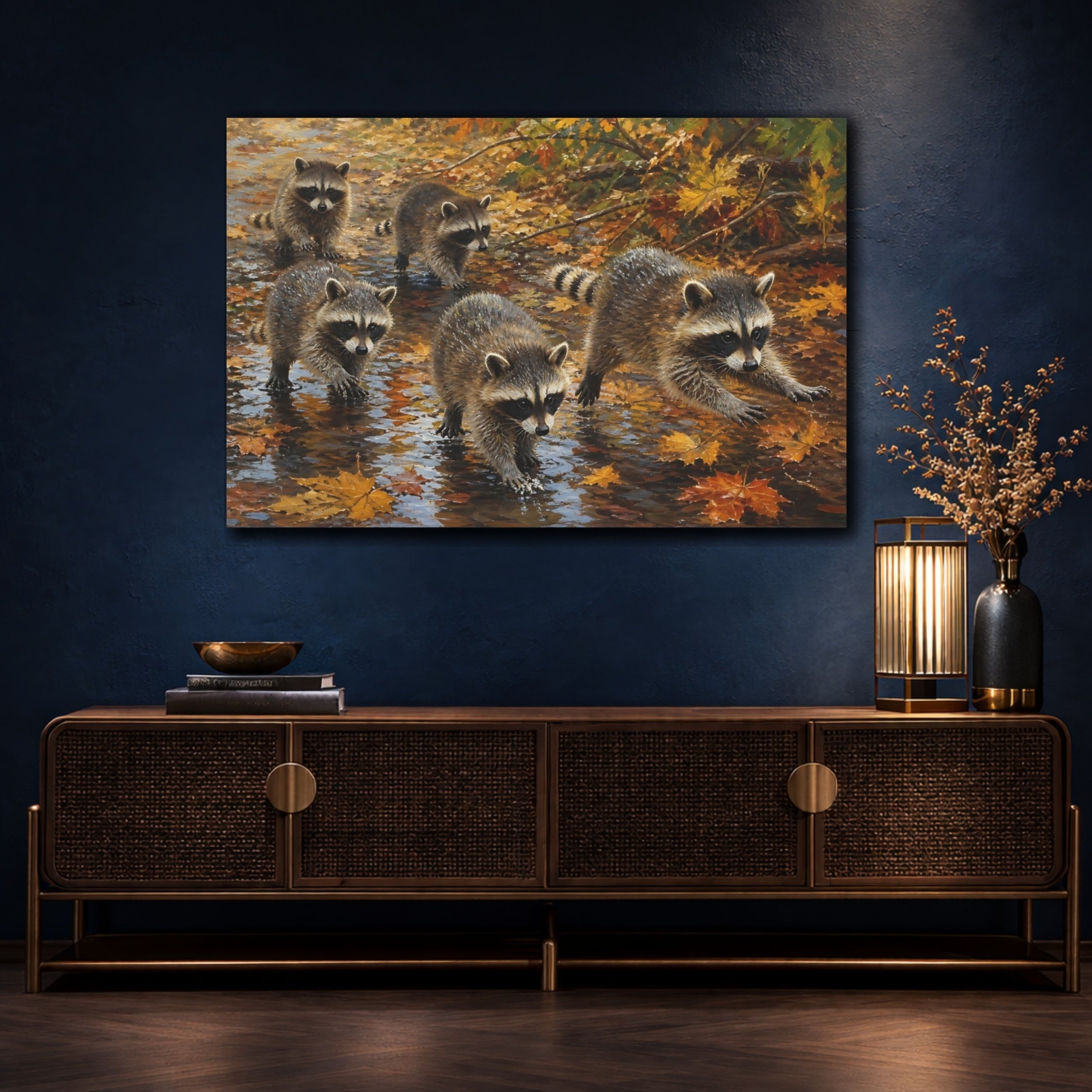 Mockup 4. Animals Raccoons Brown And Orange shown as stretched canvas wall art