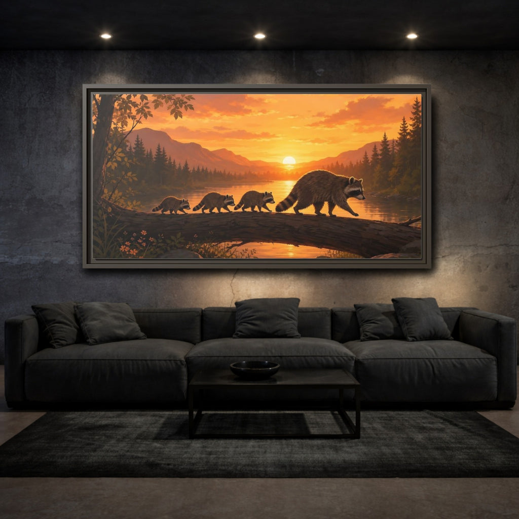 Mockup 3. Animals Raccoons Orange Raccoon shown as stretched canvas wall art