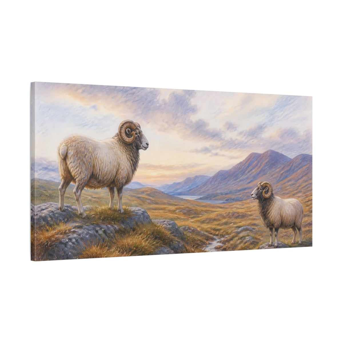 Main Mockup. Animals Rams Brown And Blue shown as stretched canvas wall art