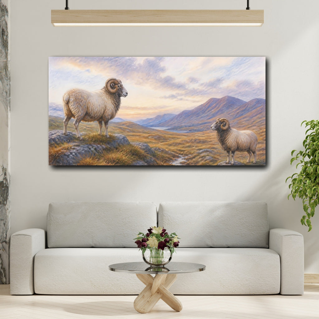 Mockup 2. Animals Rams Brown And Blue shown as stretched canvas wall art