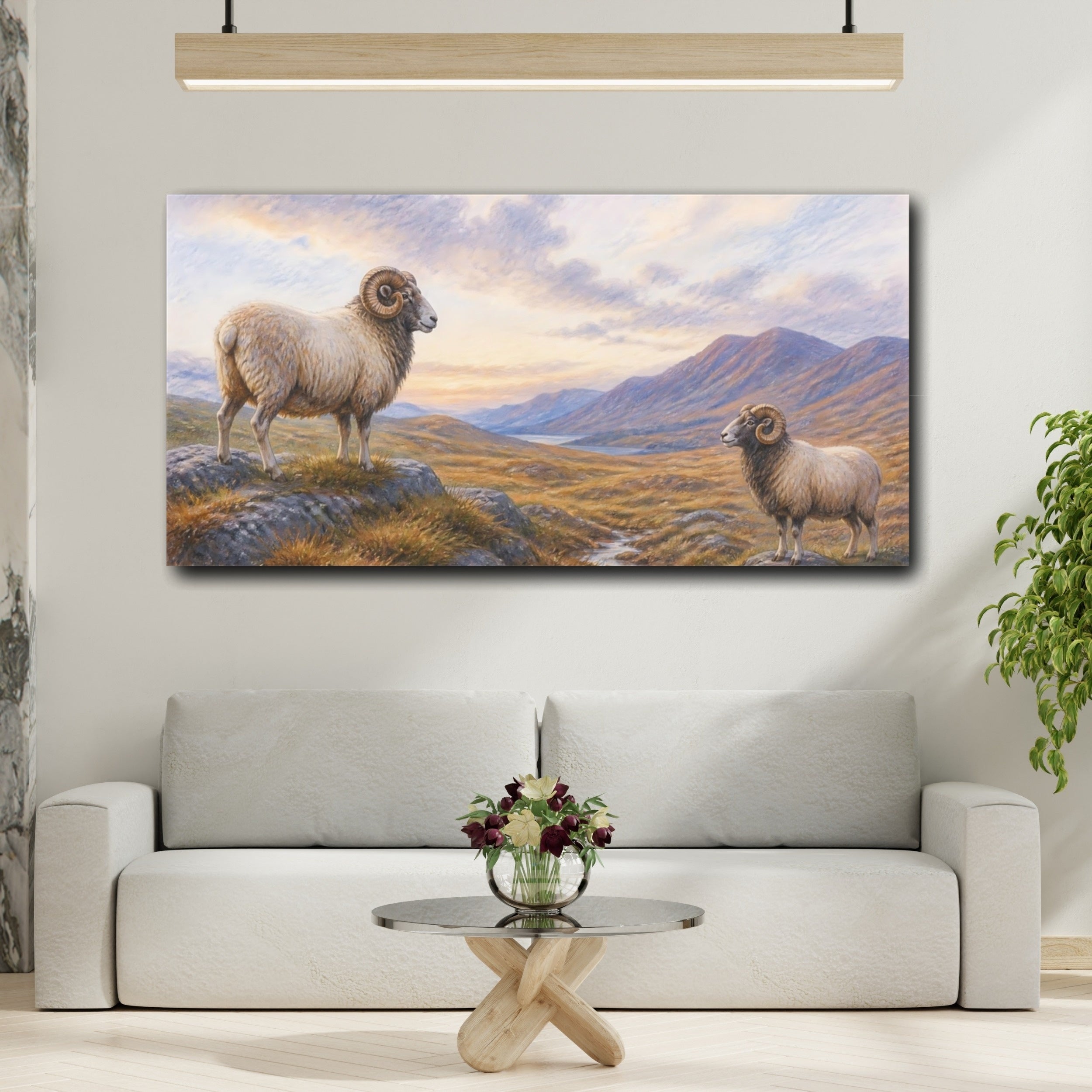 Mockup 2. Animals Rams Brown And Blue shown as stretched canvas wall art