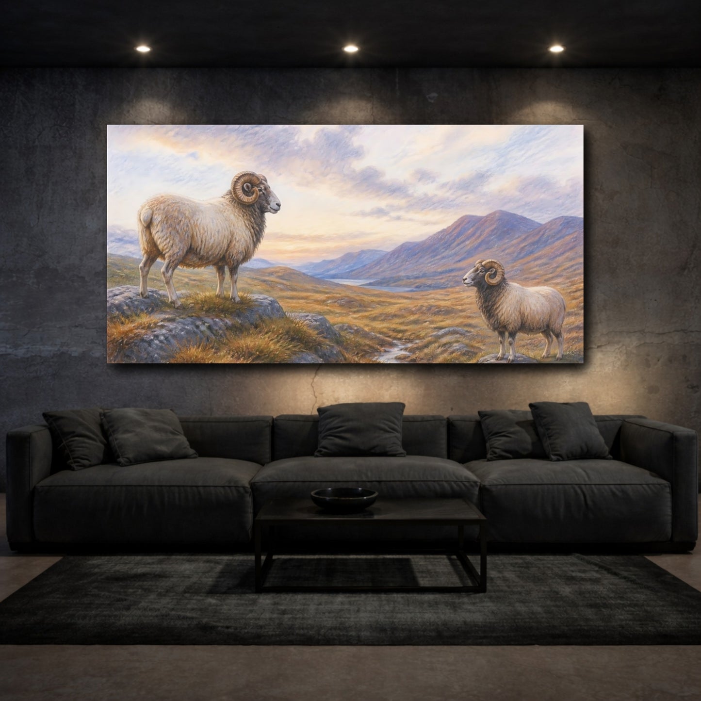 Mockup 3. Animals Rams Brown And Blue shown as stretched canvas wall art