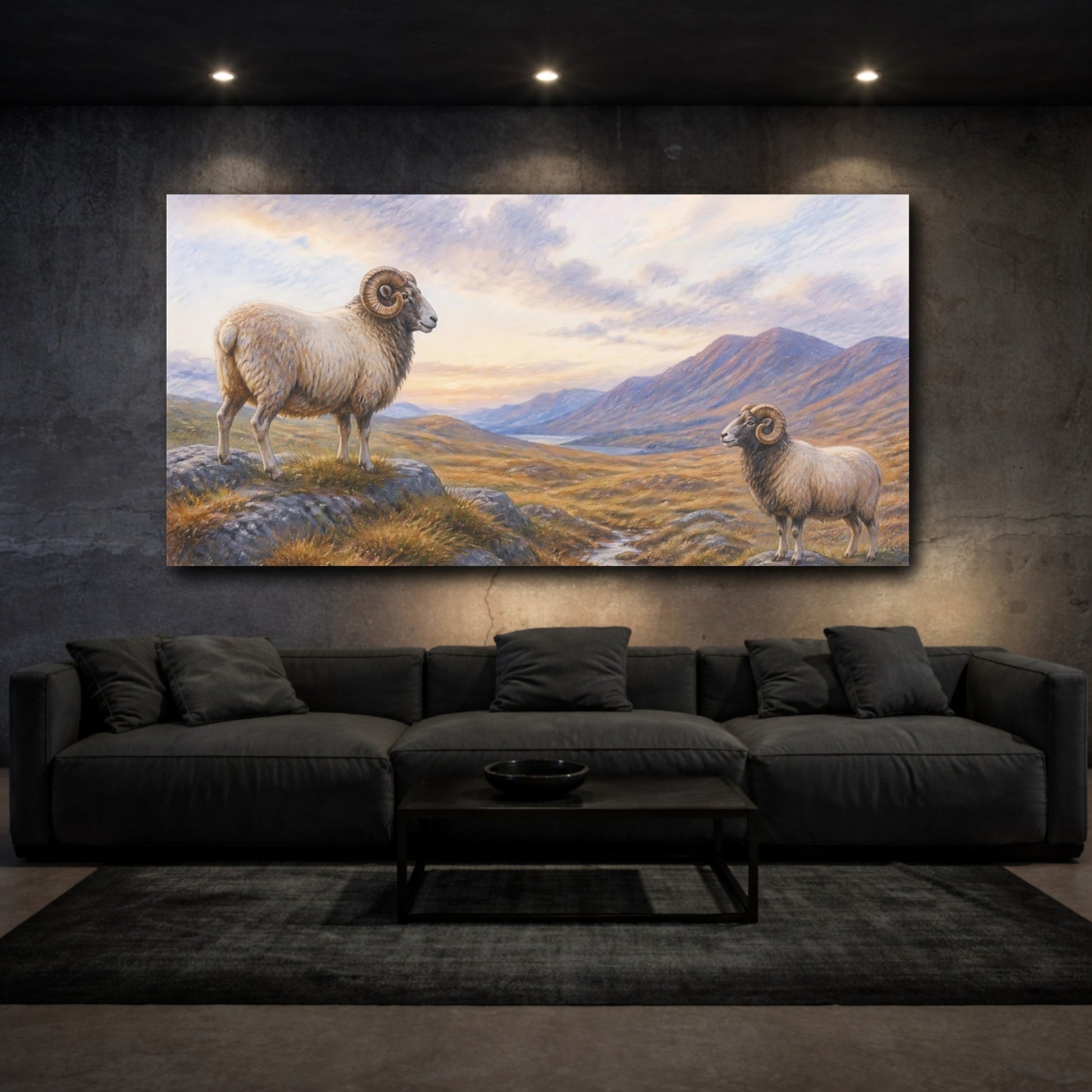 Mockup 3. Animals Rams Brown And Blue shown as stretched canvas wall art