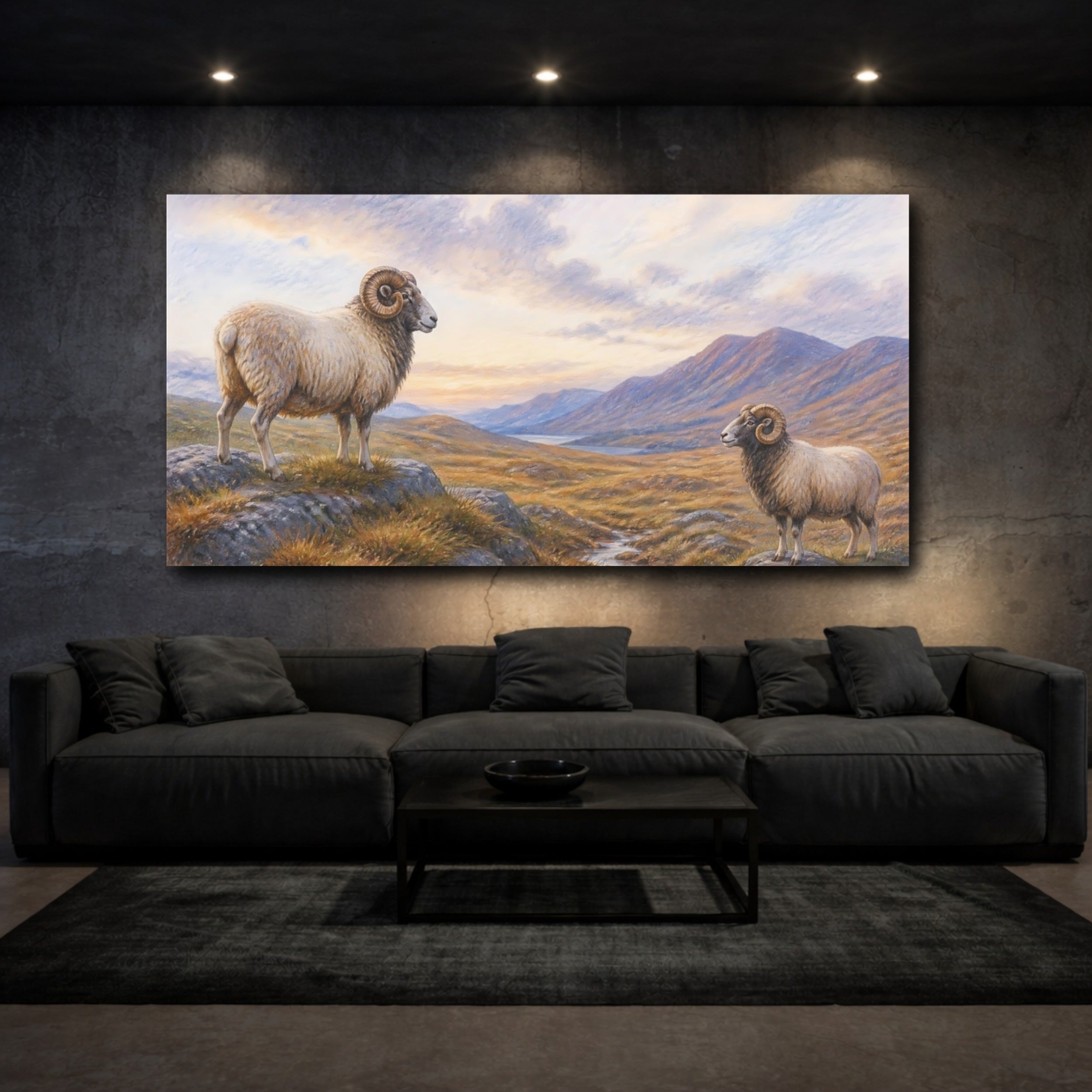 Mockup 3. Animals Rams Brown And Blue shown as stretched canvas wall art
