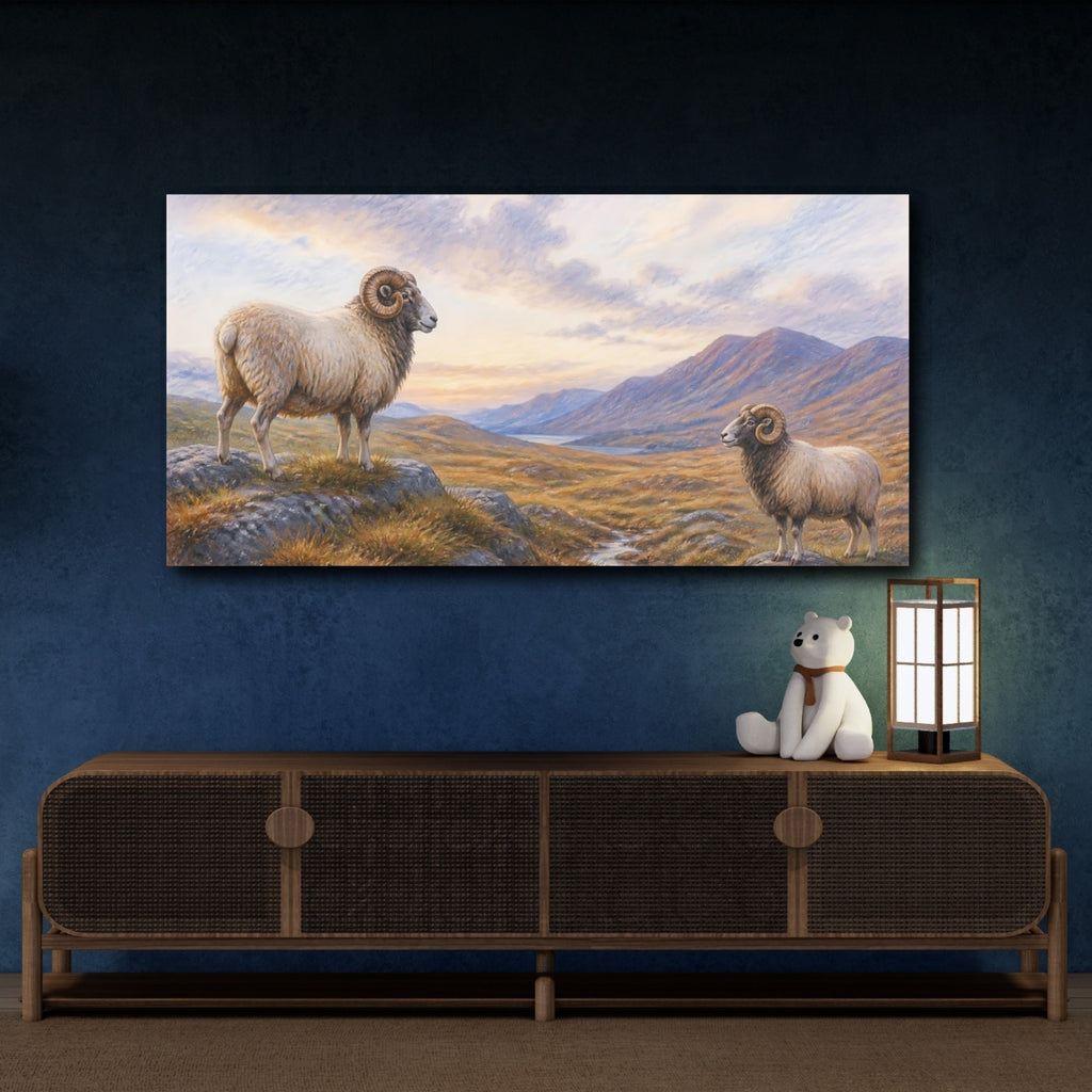 Mockup 4. Animals Rams Brown And Blue shown as stretched canvas wall art