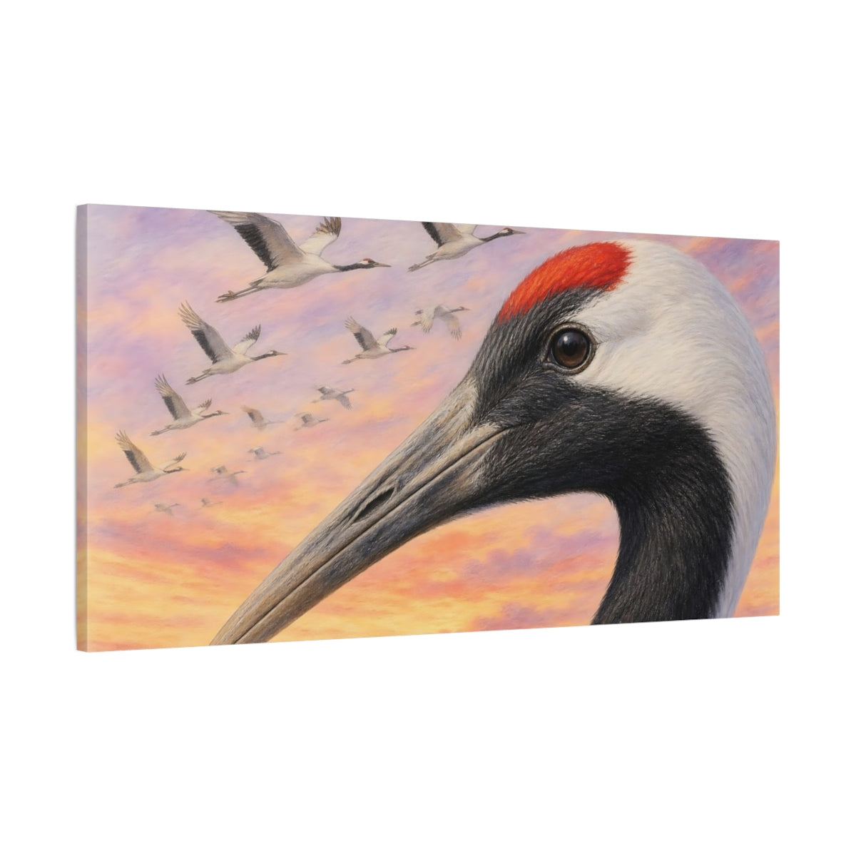 Main Mockup. Animals Red-Crowned Crane Red-Crowned Crane Sunset shown as stretched canvas wall art