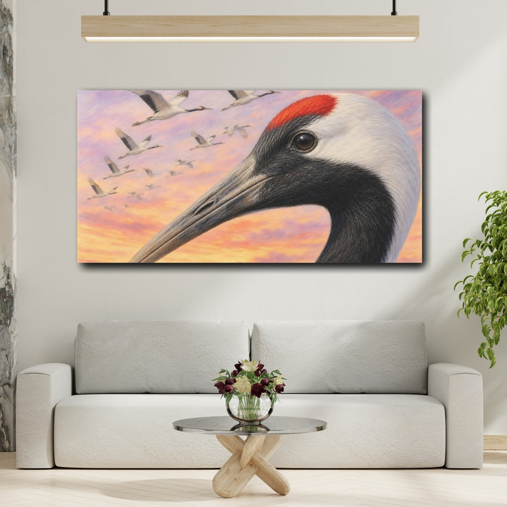 Mockup 2. Animals Red-Crowned Crane Red-Crowned Crane Sunset shown as stretched canvas wall art
