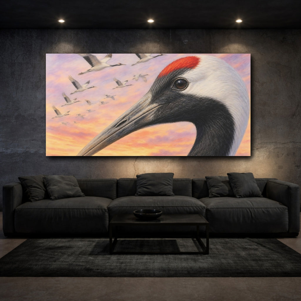 Mockup 3. Animals Red-Crowned Crane Red-Crowned Crane Sunset shown as stretched canvas wall art