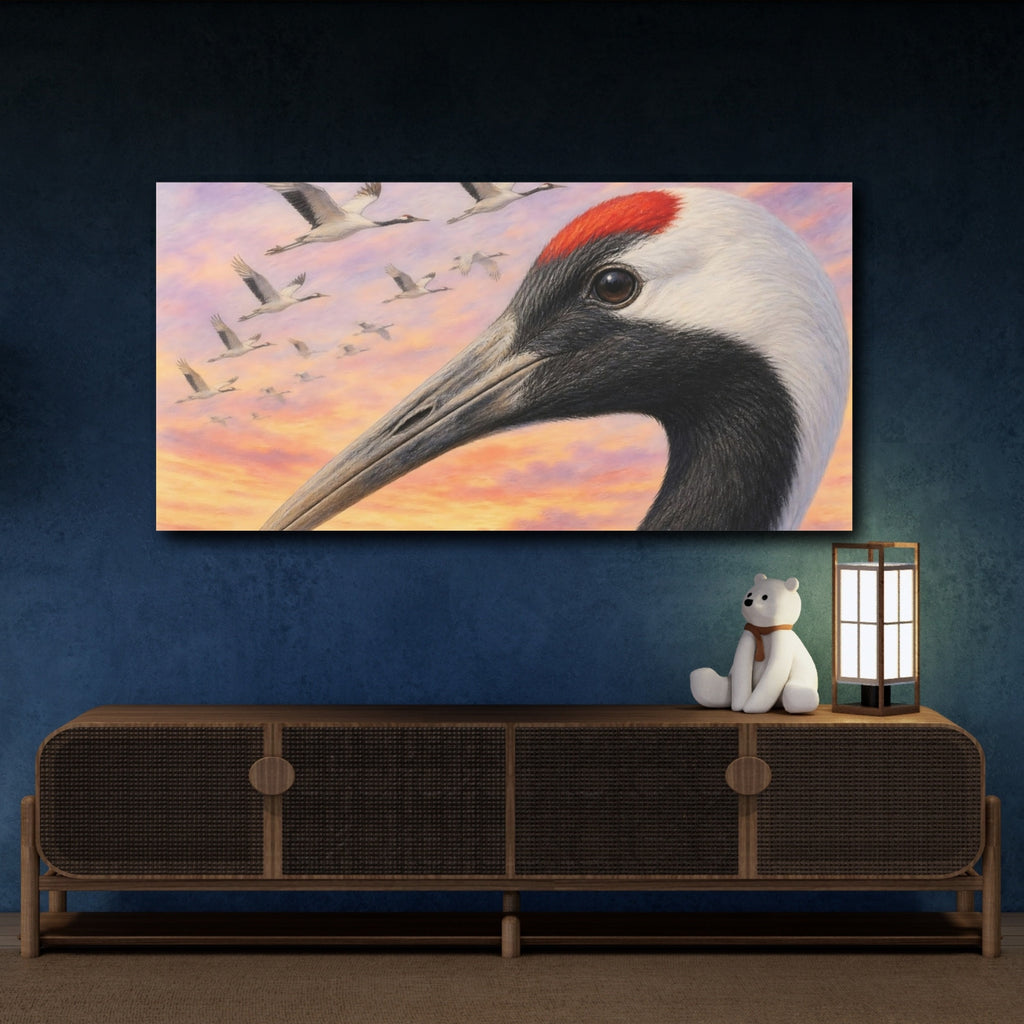 Mockup 4. Animals Red-Crowned Crane Red-Crowned Crane Sunset shown as stretched canvas wall art