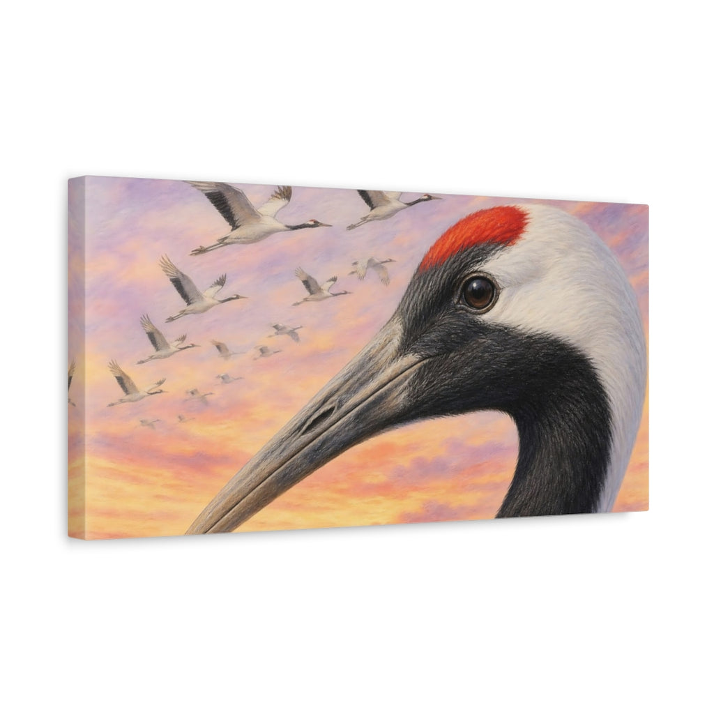 Side Mockup 3. Animals Red-Crowned Crane Red-Crowned Crane Sunset shown as stretched canvas wall art