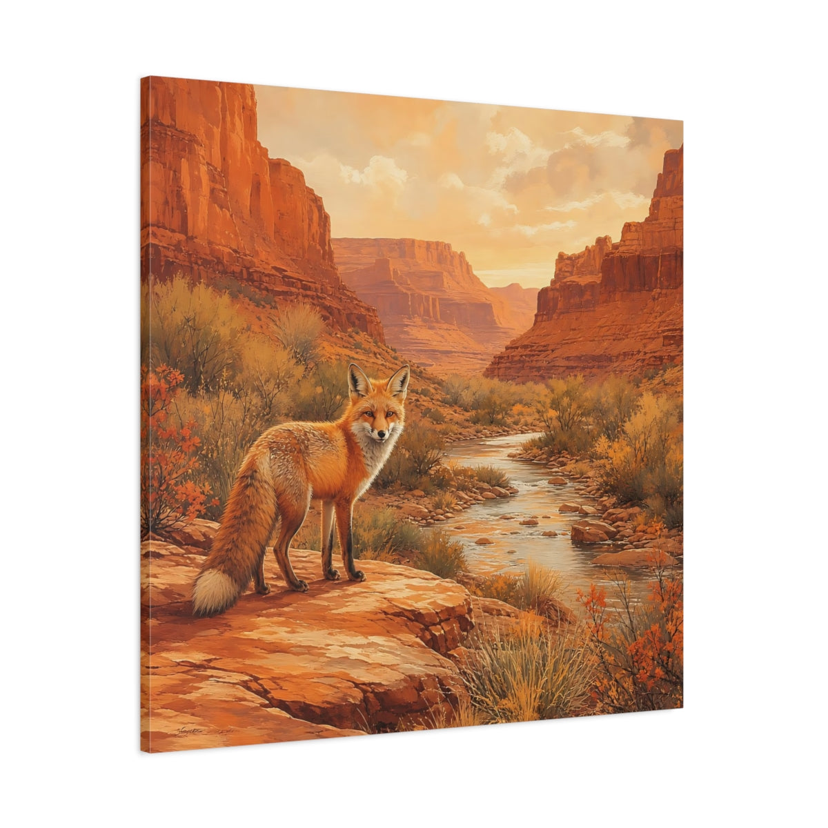 Side Mockup 1. Animals Red Fox Orange Desert Landscape shown as stretched canvas wall art