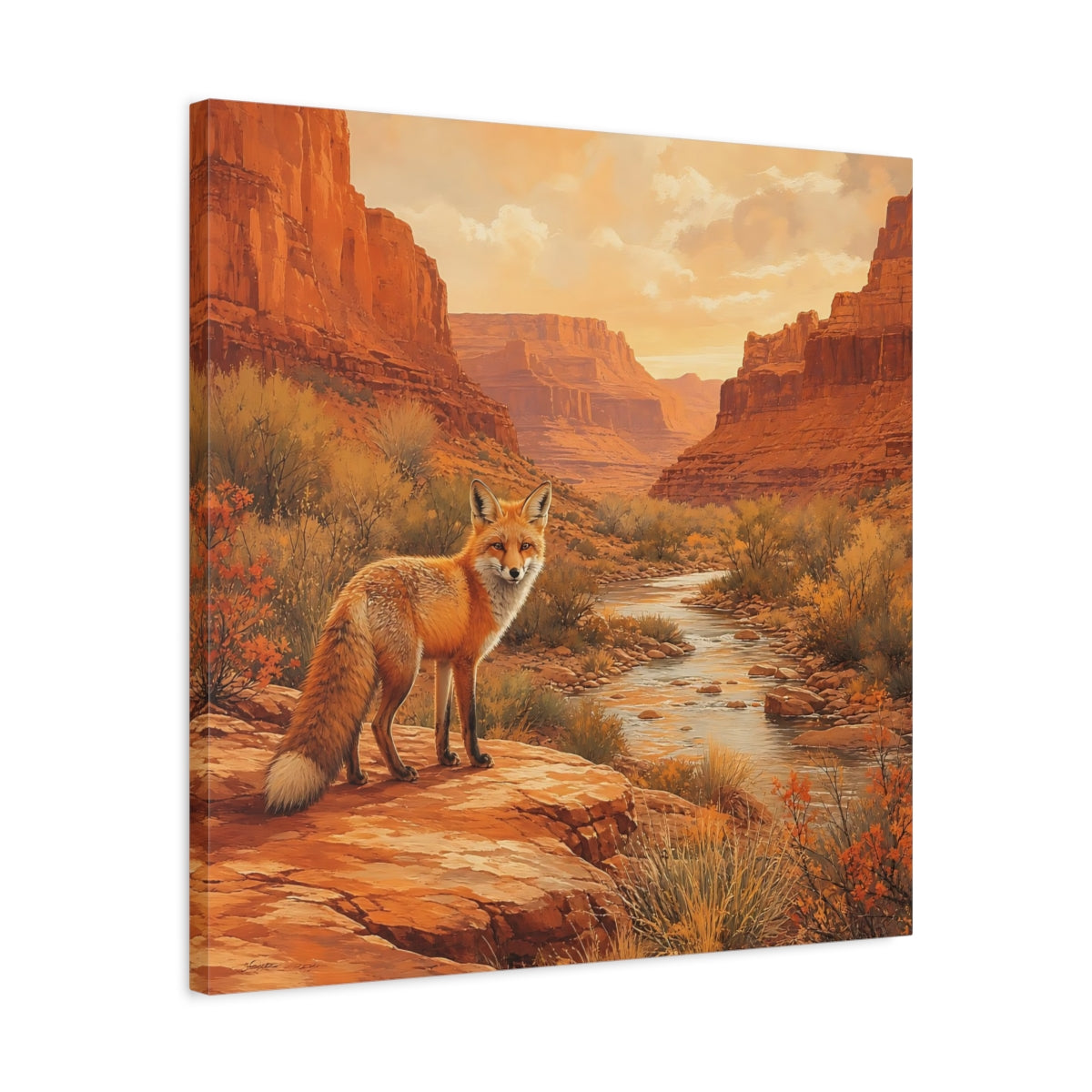 Side Mockup 4. Animals Red Fox Orange Desert Landscape shown as stretched canvas wall art