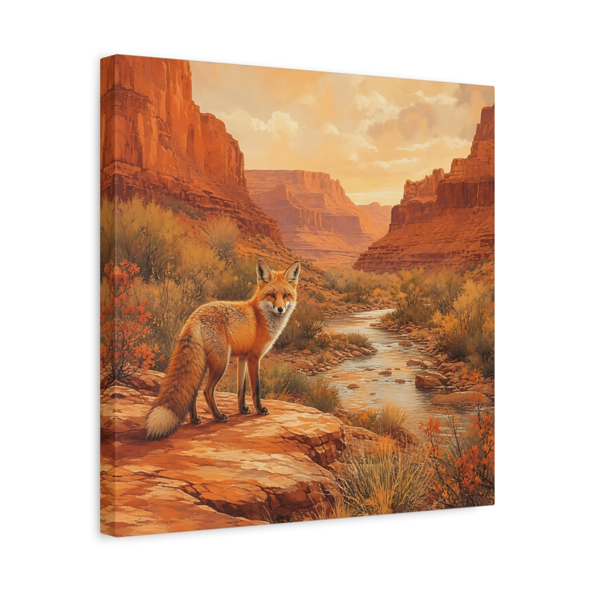 Side Mockup 6. Animals Red Fox Orange Desert Landscape shown as stretched canvas wall art