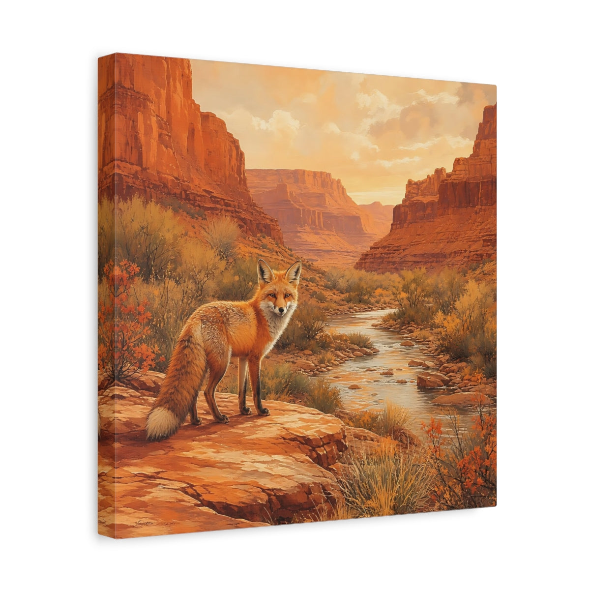 Side Mockup 7. Animals Red Fox Orange Desert Landscape shown as stretched canvas wall art
