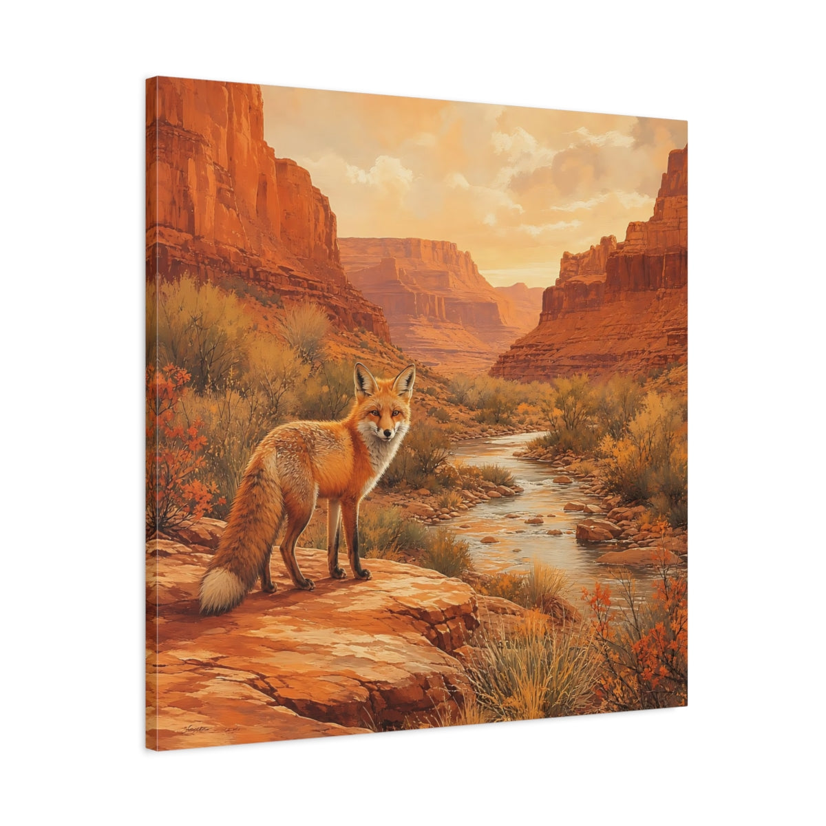 Side Mockup 3. Animals Red Fox Orange Desert Landscape shown as stretched canvas wall art