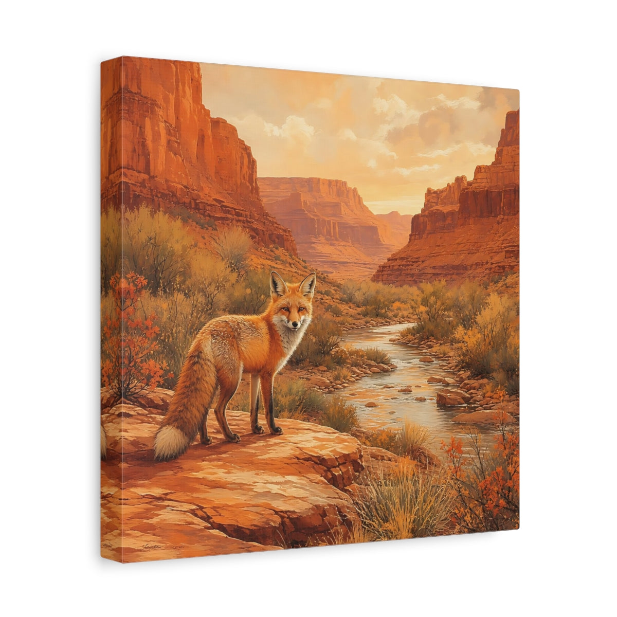 Side Mockup 8. Animals Red Fox Orange Desert Landscape shown as stretched canvas wall art