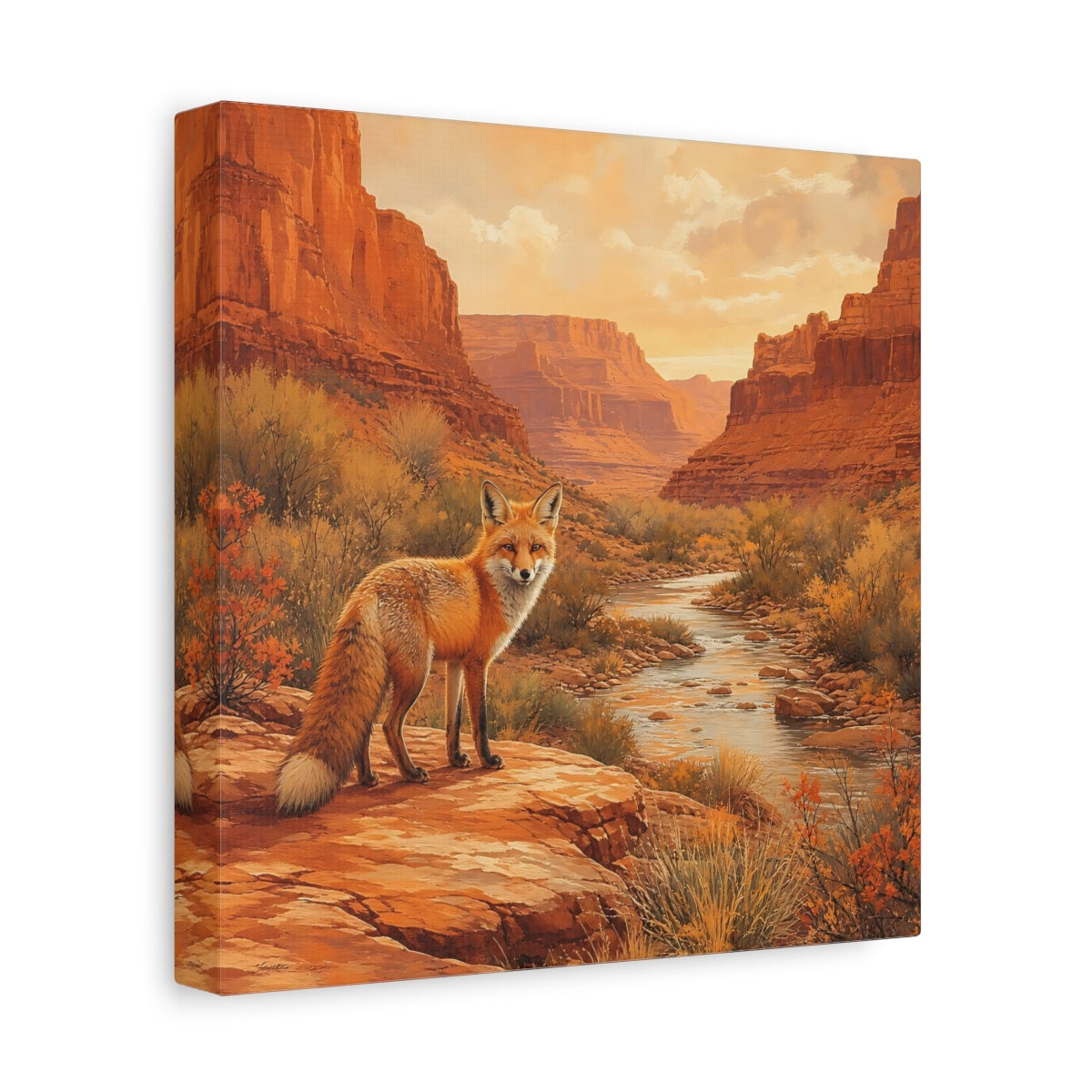 Side Mockup 9. Animals Red Fox Orange Desert Landscape shown as stretched canvas wall art