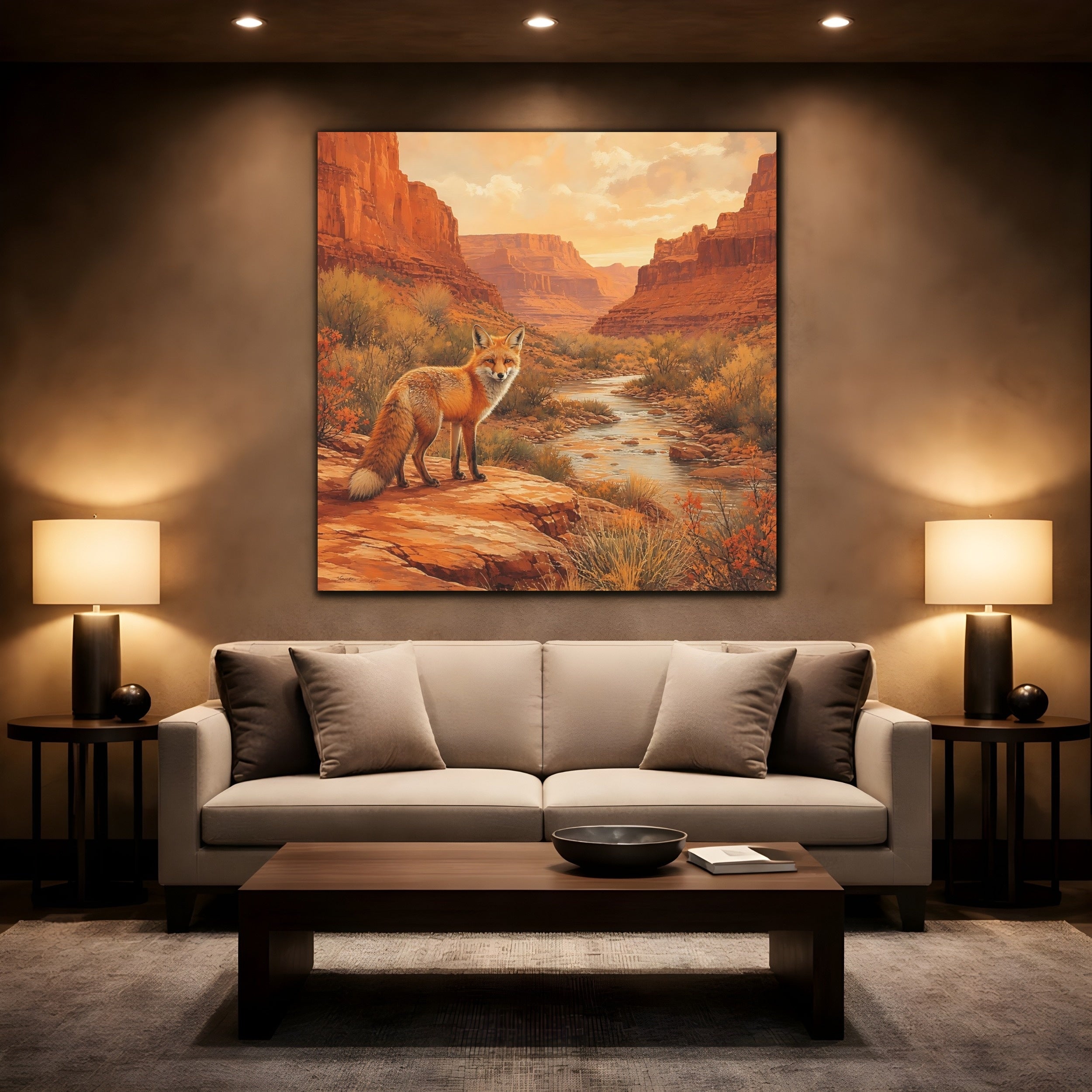 Mockup 2. Animals Red Fox Orange Desert Landscape shown as stretched canvas wall art