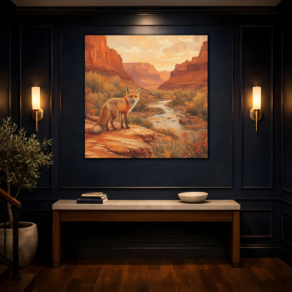 Mockup 4. Animals Red Fox Orange Desert Landscape shown as stretched canvas wall art