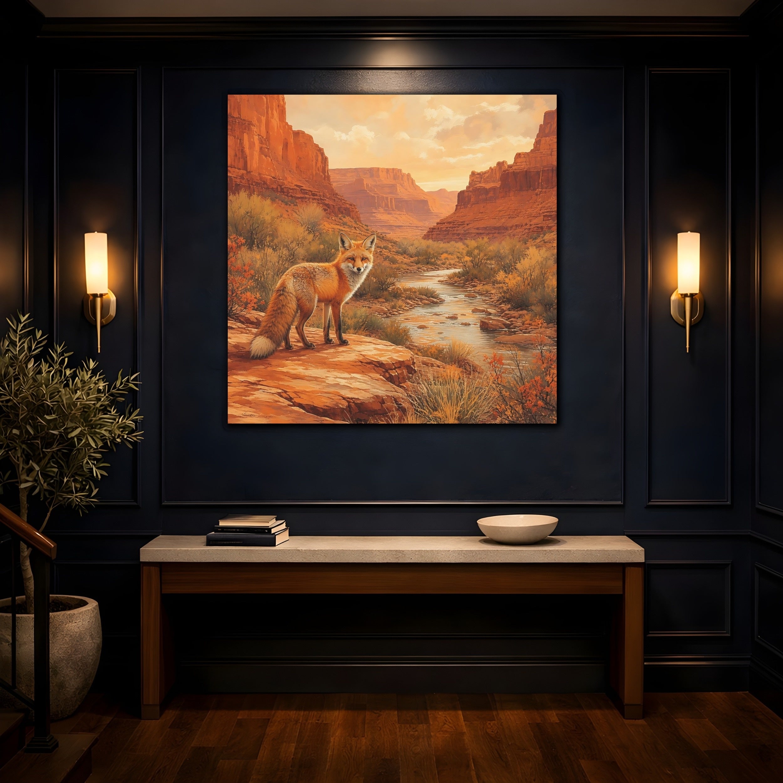 Mockup 4. Animals Red Fox Orange Desert Landscape shown as stretched canvas wall art