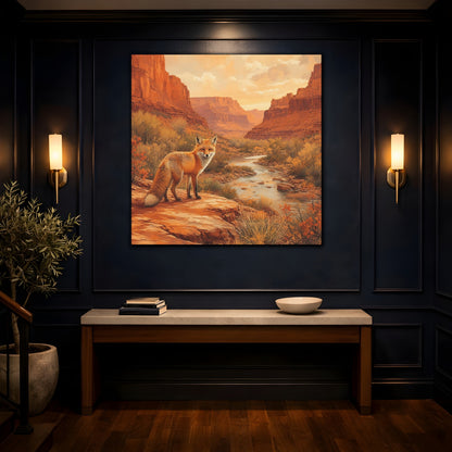 Mockup 4. Animals Red Fox Orange Desert Landscape shown as stretched canvas wall art
