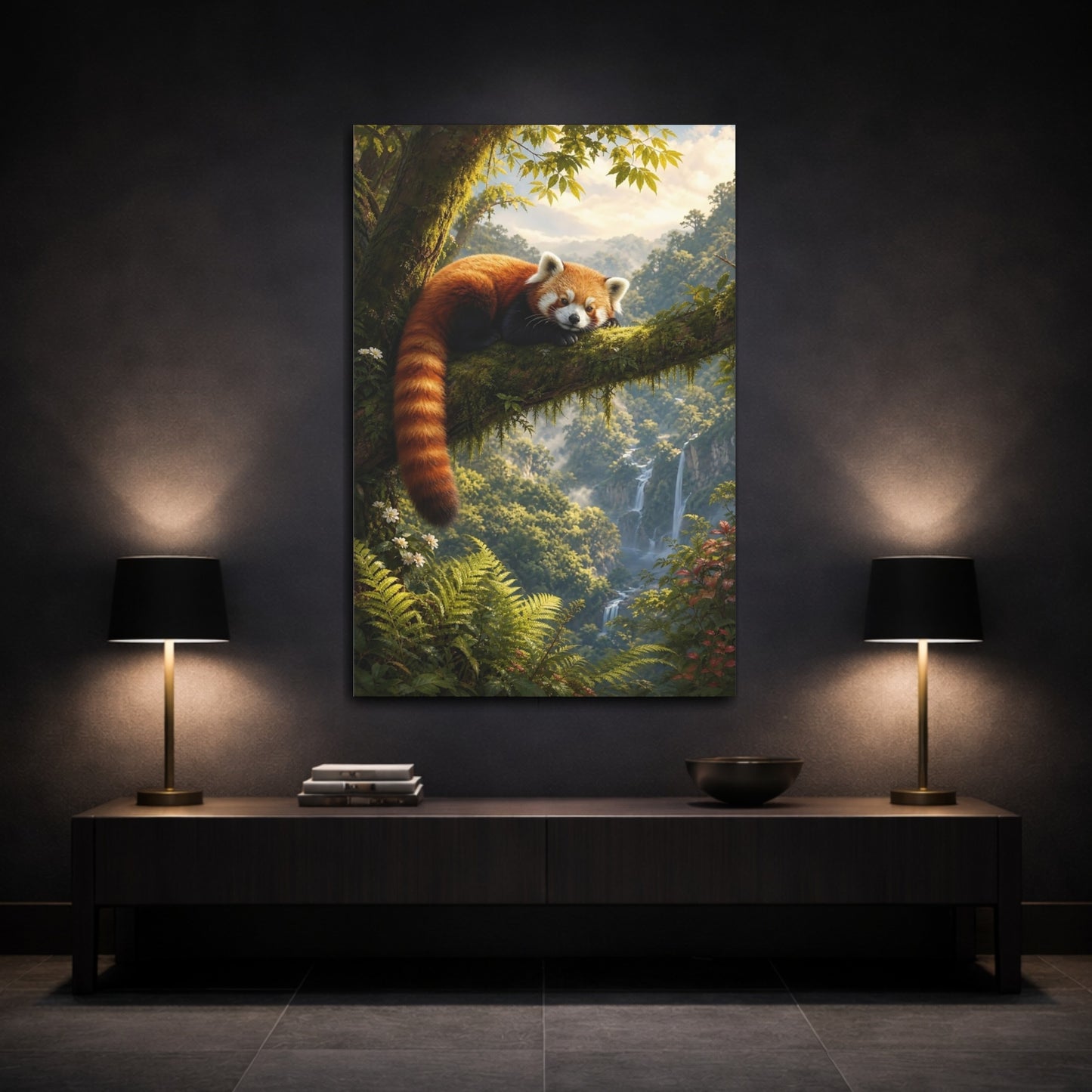 Mockup 3. Animals Red Panda Red Panda Forest shown as stretched canvas wall art