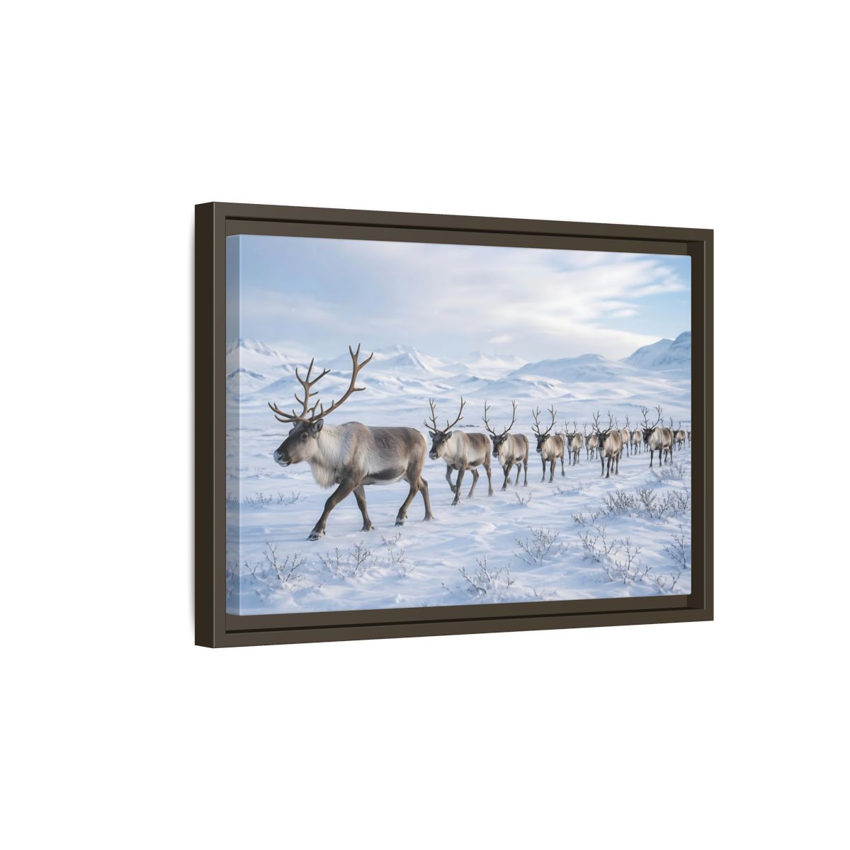 Side Mockup 5. Animals Reindeer Herd Winter Reindeer shown as stretched canvas wall art