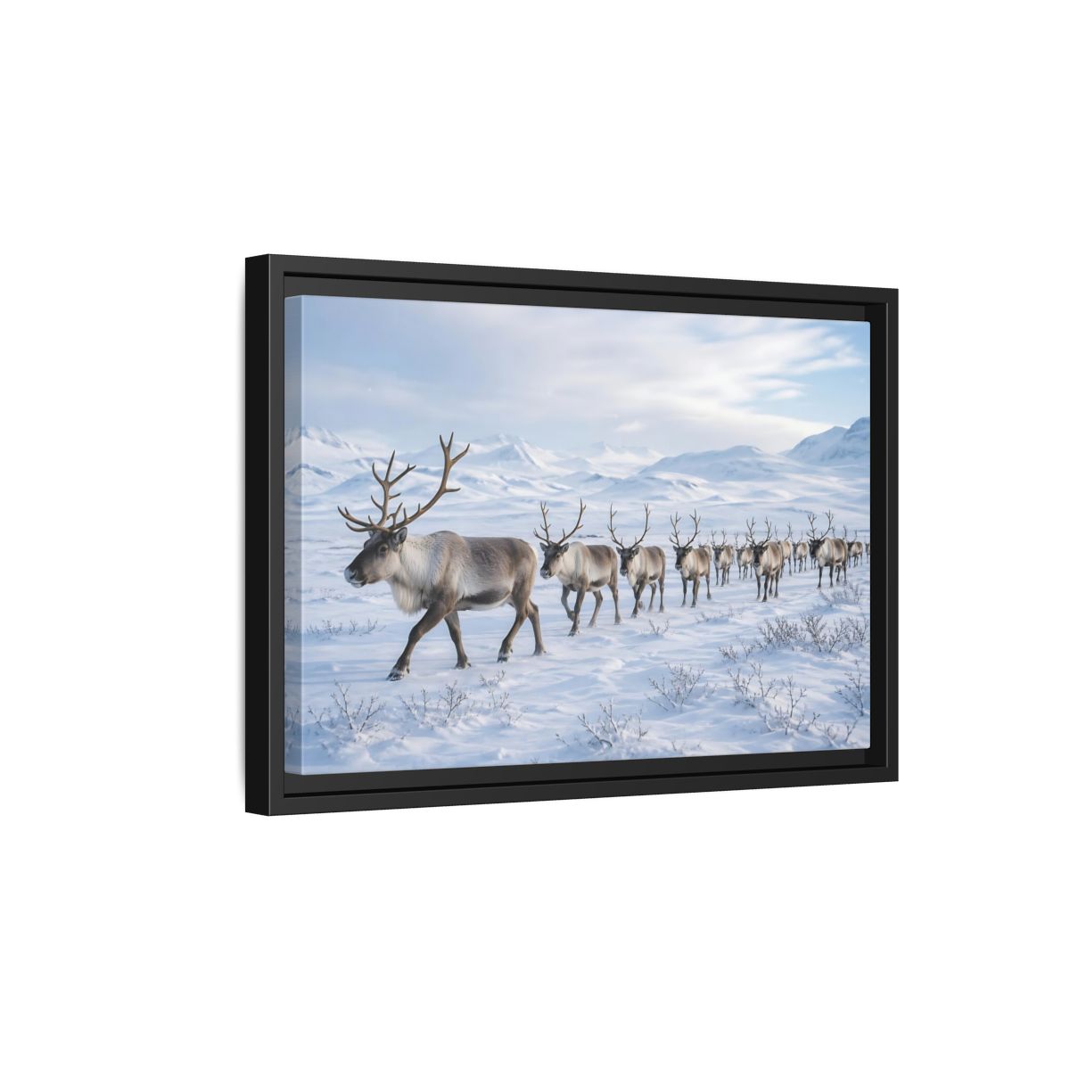 Side Mockup 6. Animals Reindeer Herd Winter Reindeer shown as stretched canvas wall art