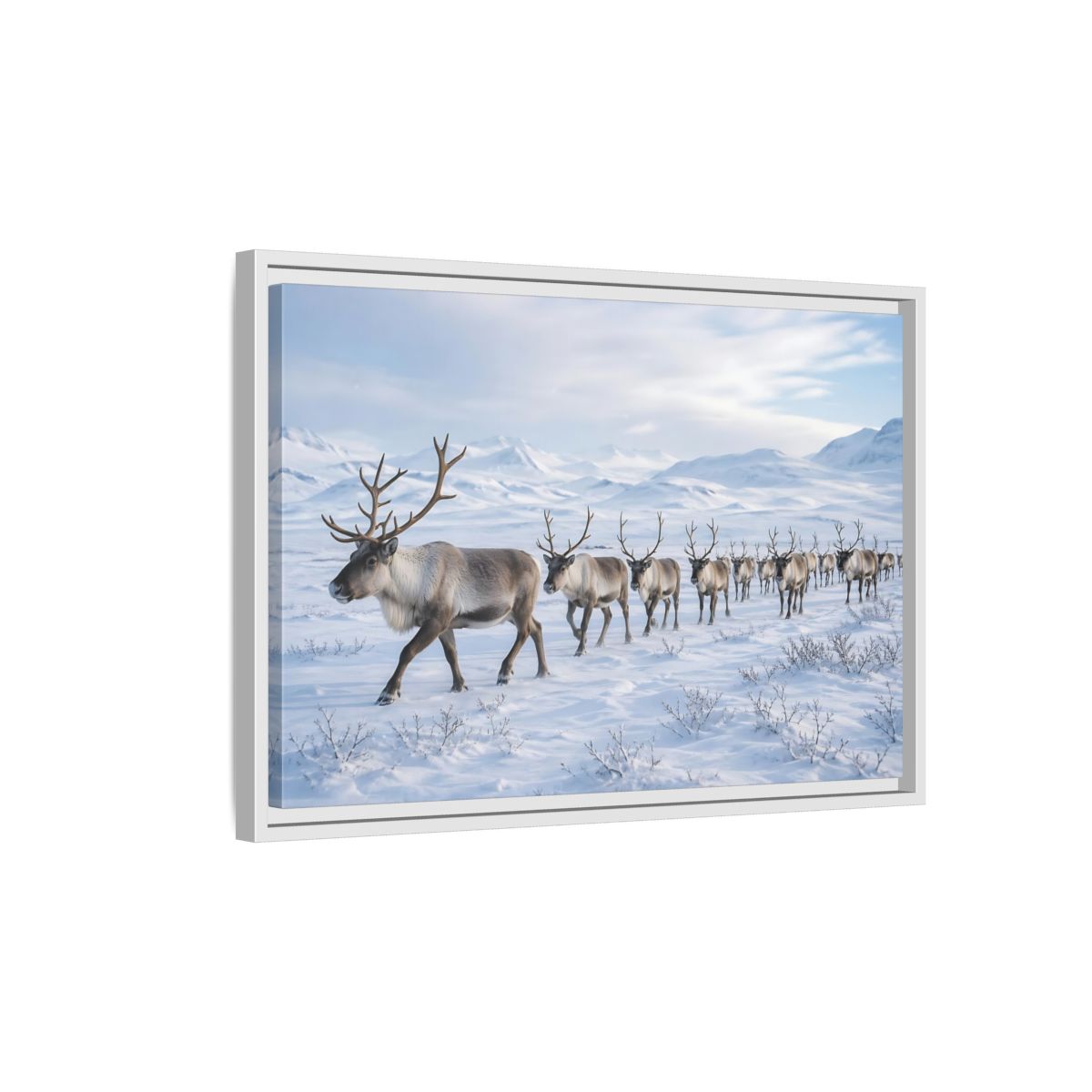 Side Mockup 1. Animals Reindeer Herd Winter Reindeer shown as stretched canvas wall art