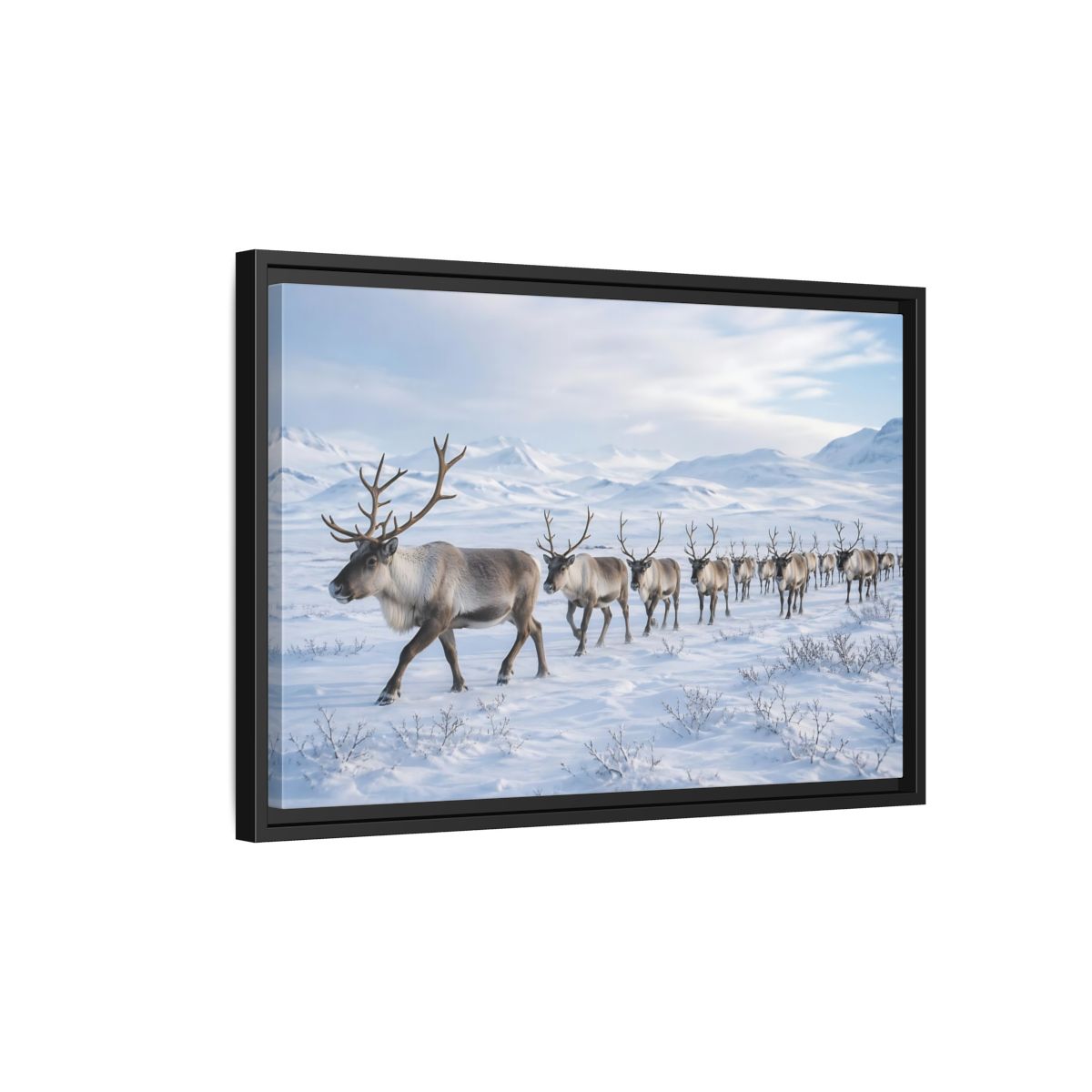 Side Mockup 3. Animals Reindeer Herd Winter Reindeer shown as stretched canvas wall art