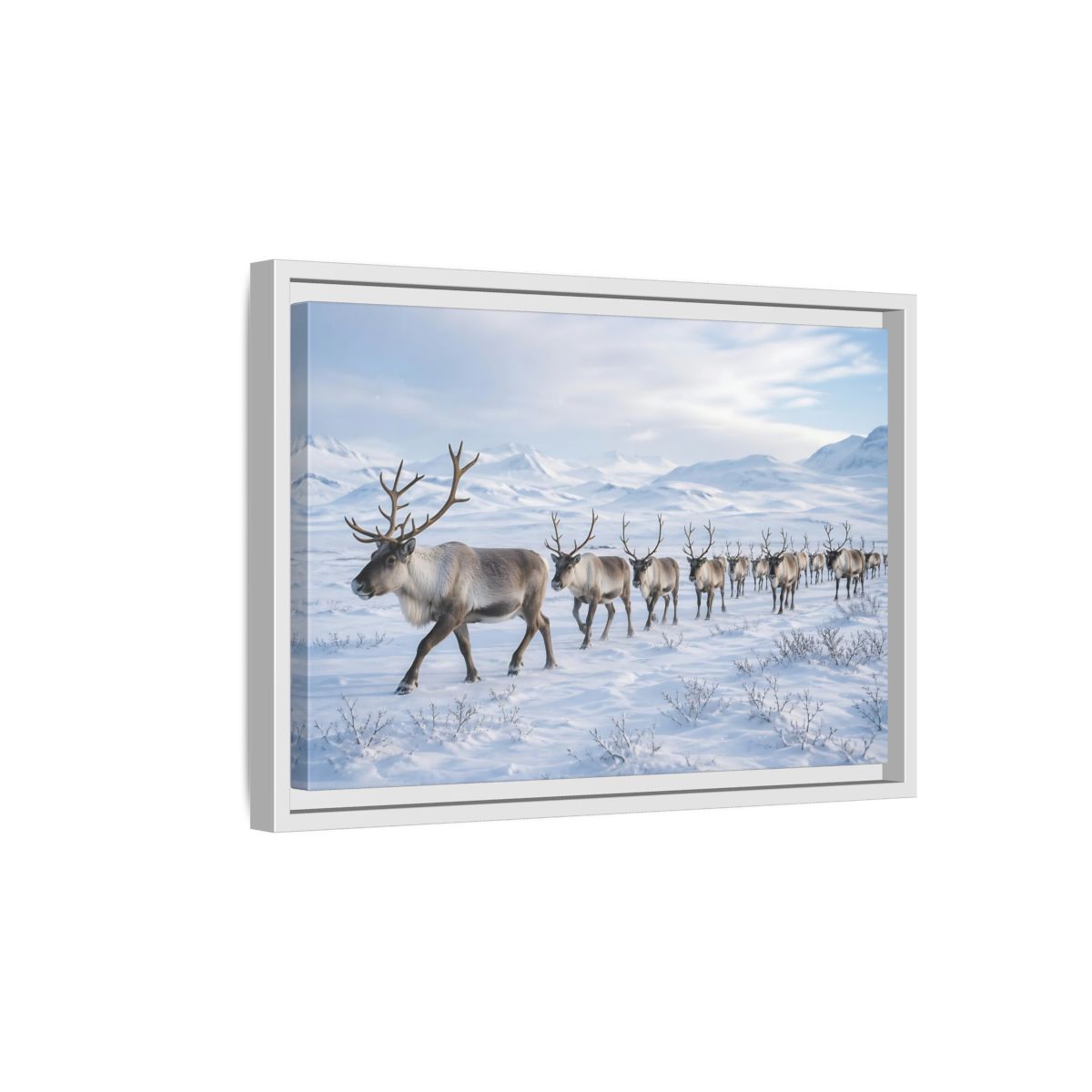 Side Mockup 4. Animals Reindeer Herd Winter Reindeer shown as stretched canvas wall art
