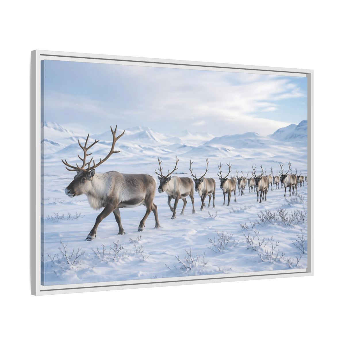 Side Mockup 9. Animals Reindeer Herd Winter Reindeer shown as stretched canvas wall art