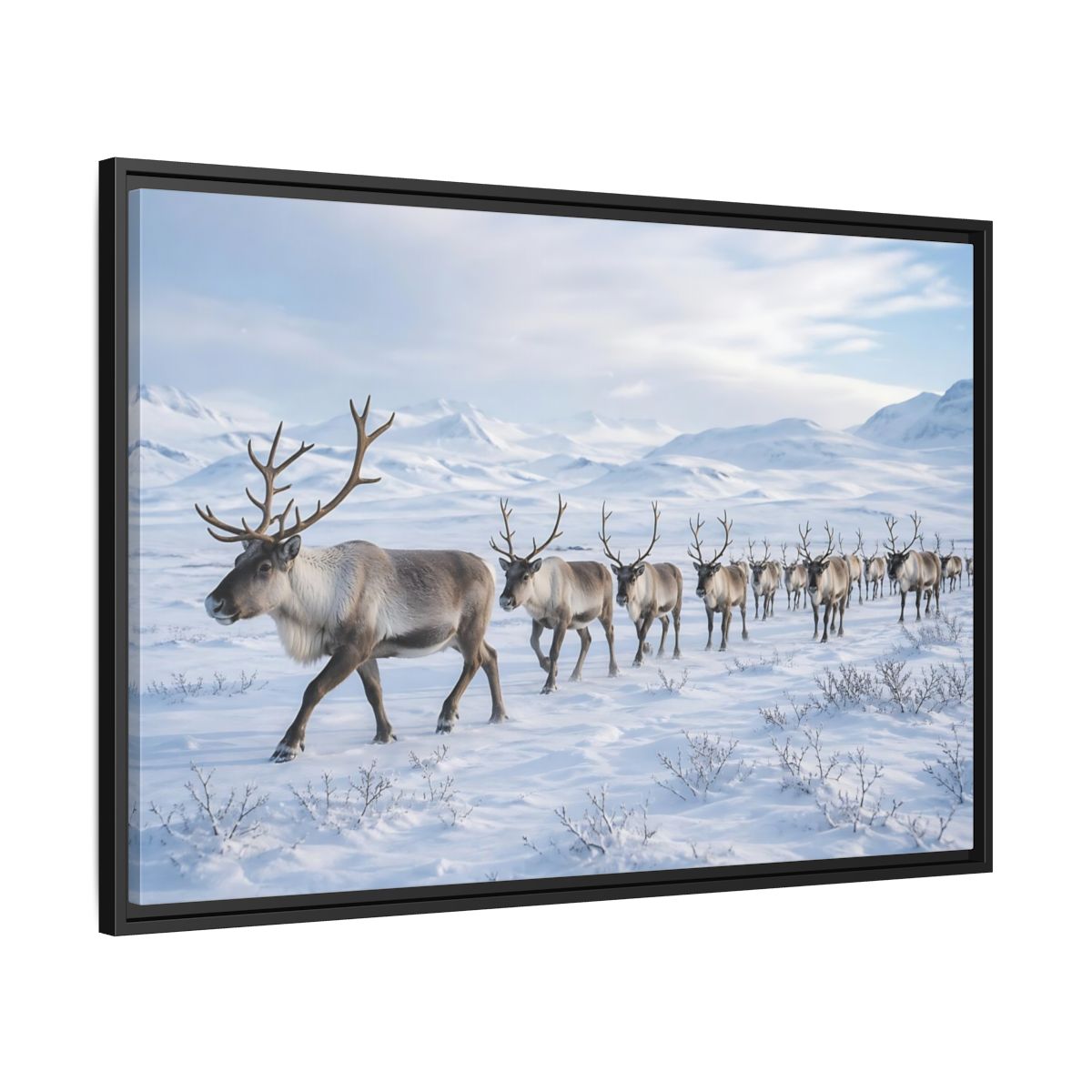 Side Mockup 13. Animals Reindeer Herd Winter Reindeer shown as stretched canvas wall art