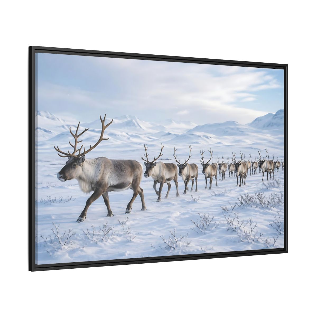 Side Mockup 12. Animals Reindeer Herd Winter Reindeer shown as stretched canvas wall art
