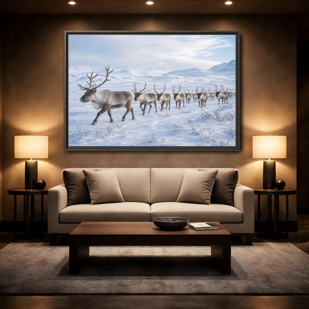 Mockup 2. Animals Reindeer Herd Winter Reindeer shown as stretched canvas wall art