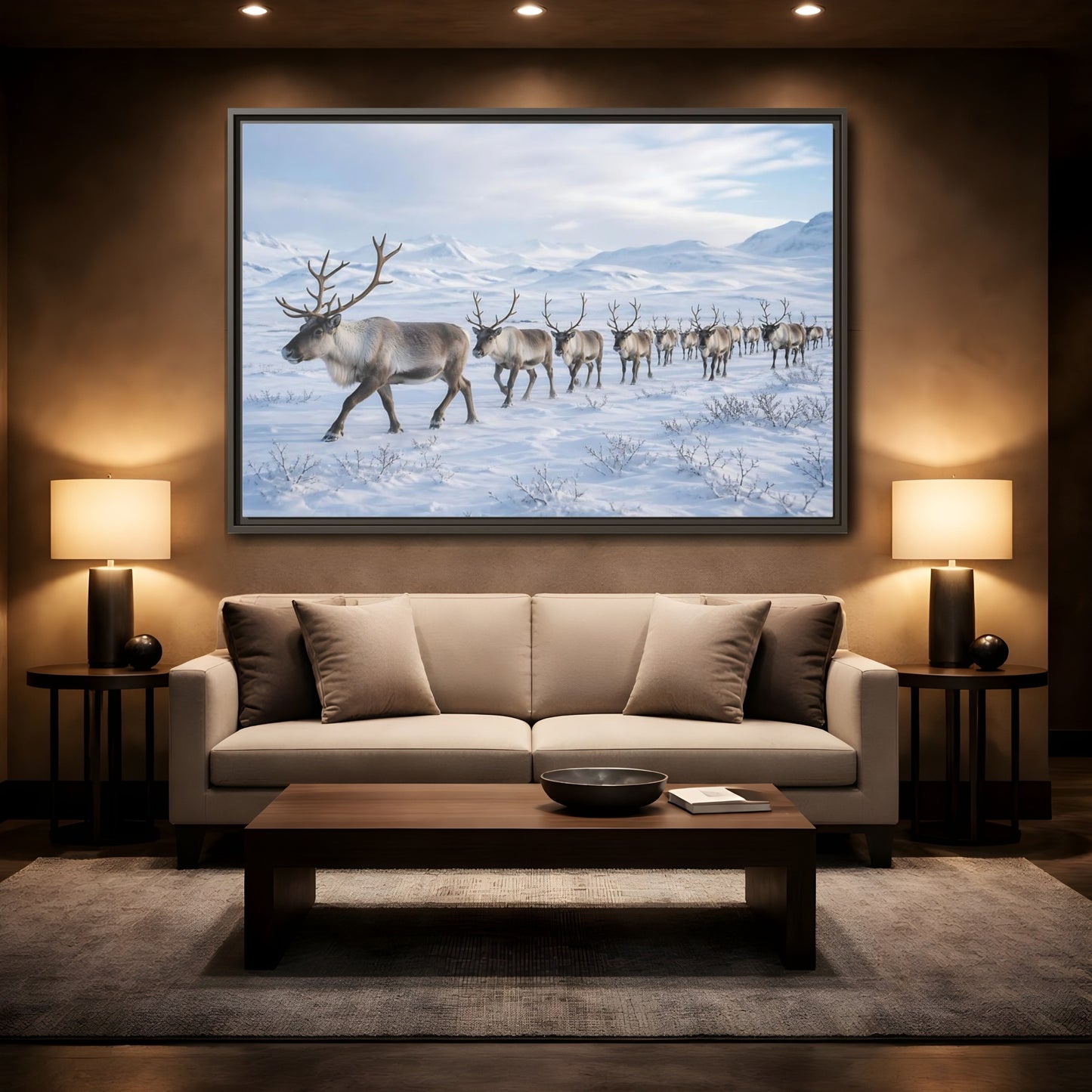 Mockup 2. Animals Reindeer Herd Winter Reindeer shown as stretched canvas wall art