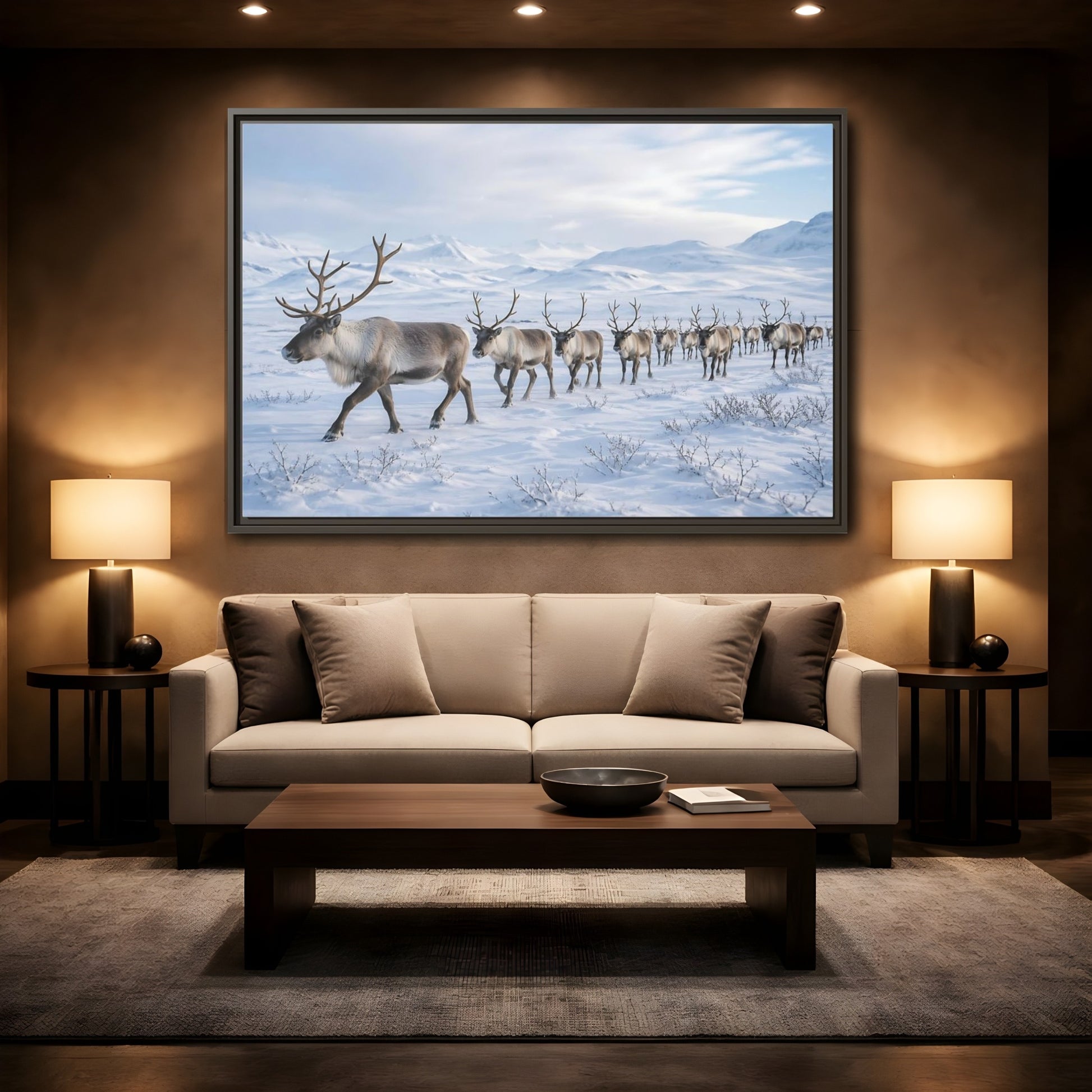 Mockup 2. Animals Reindeer Herd Winter Reindeer shown as stretched canvas wall art