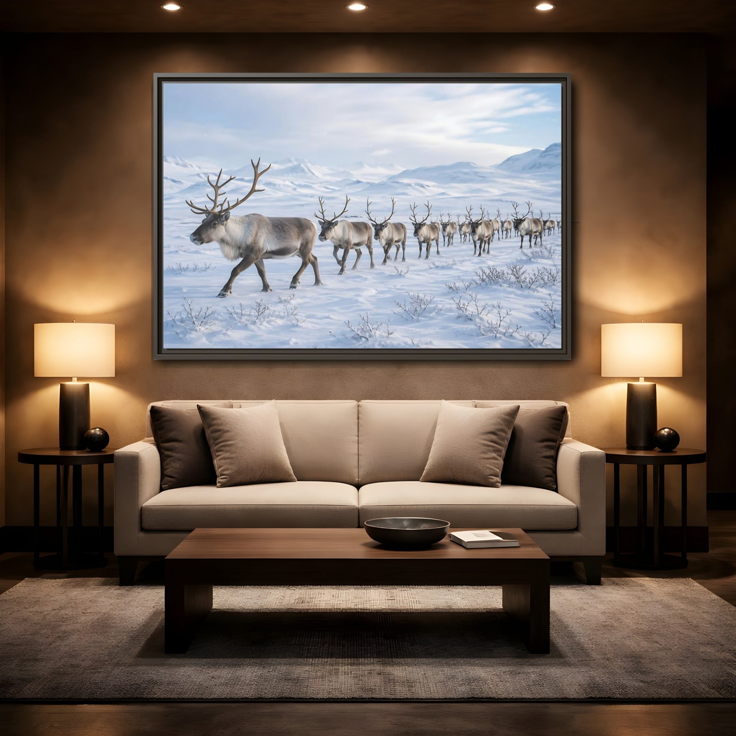 Mockup 2. Animals Reindeer Herd Winter Reindeer shown as stretched canvas wall art