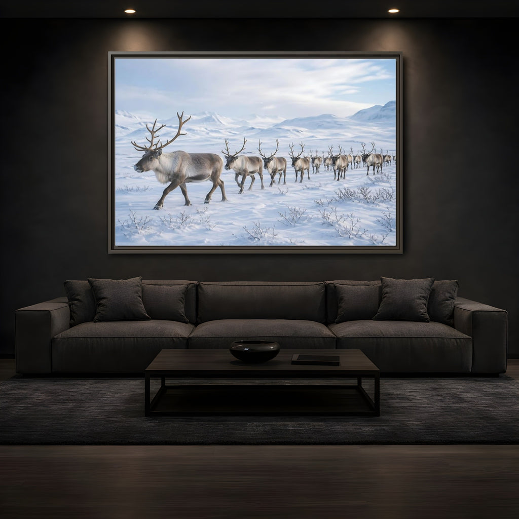 Mockup 3. Animals Reindeer Herd Winter Reindeer shown as stretched canvas wall art