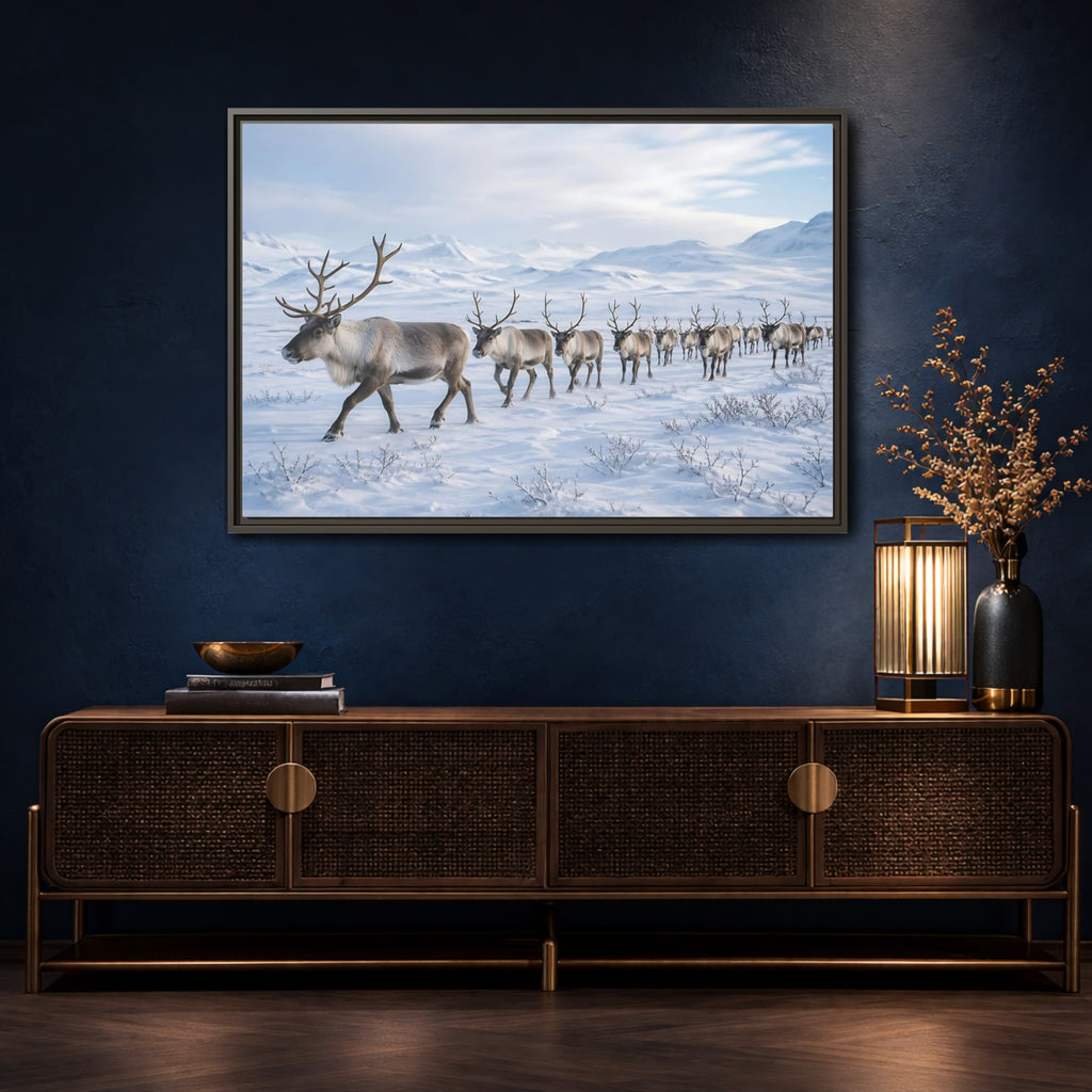 Mockup 4. Animals Reindeer Herd Winter Reindeer shown as stretched canvas wall art