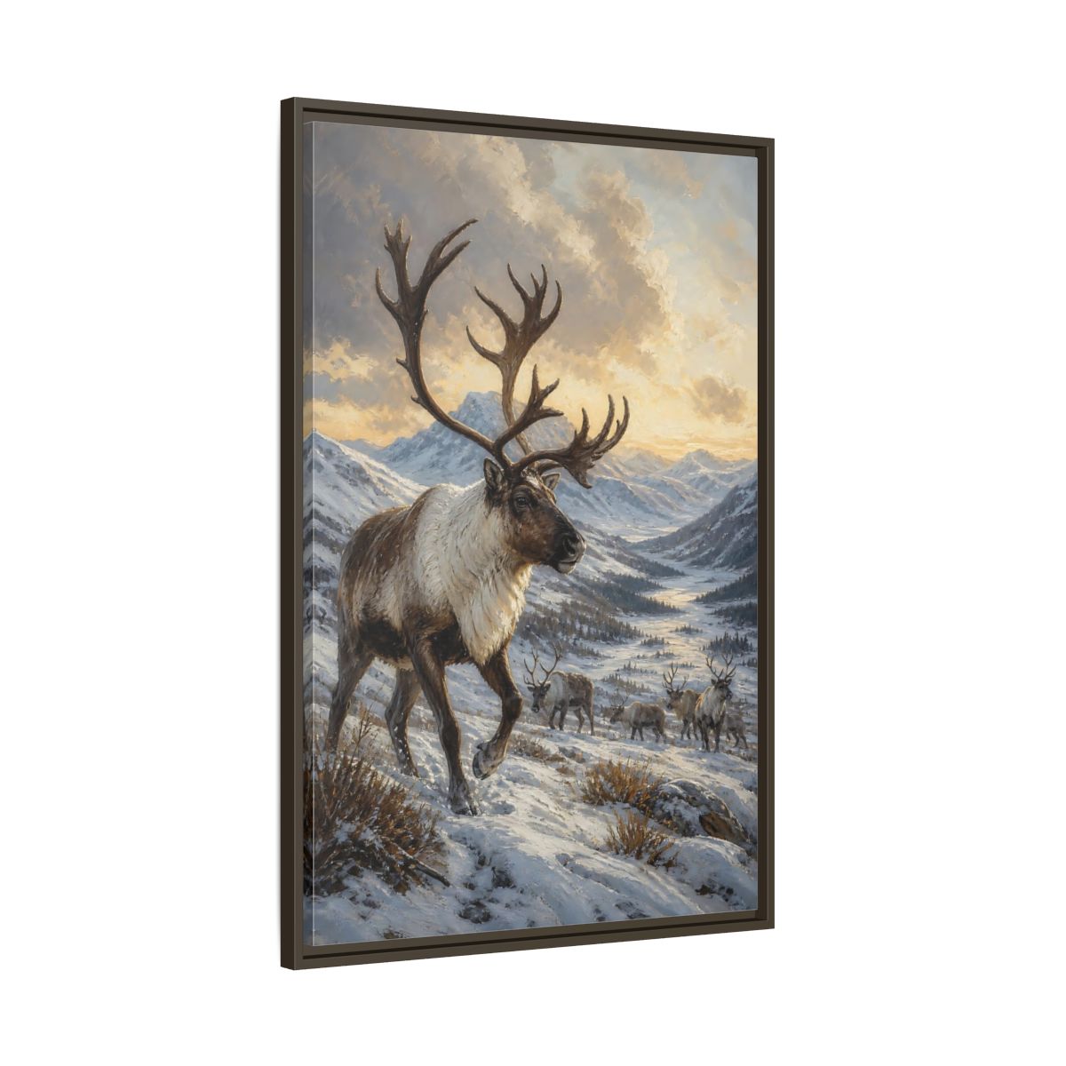 Main Mockup. Animals Reindeer Herd Winter Reindeer Scene shown as stretched canvas wall art