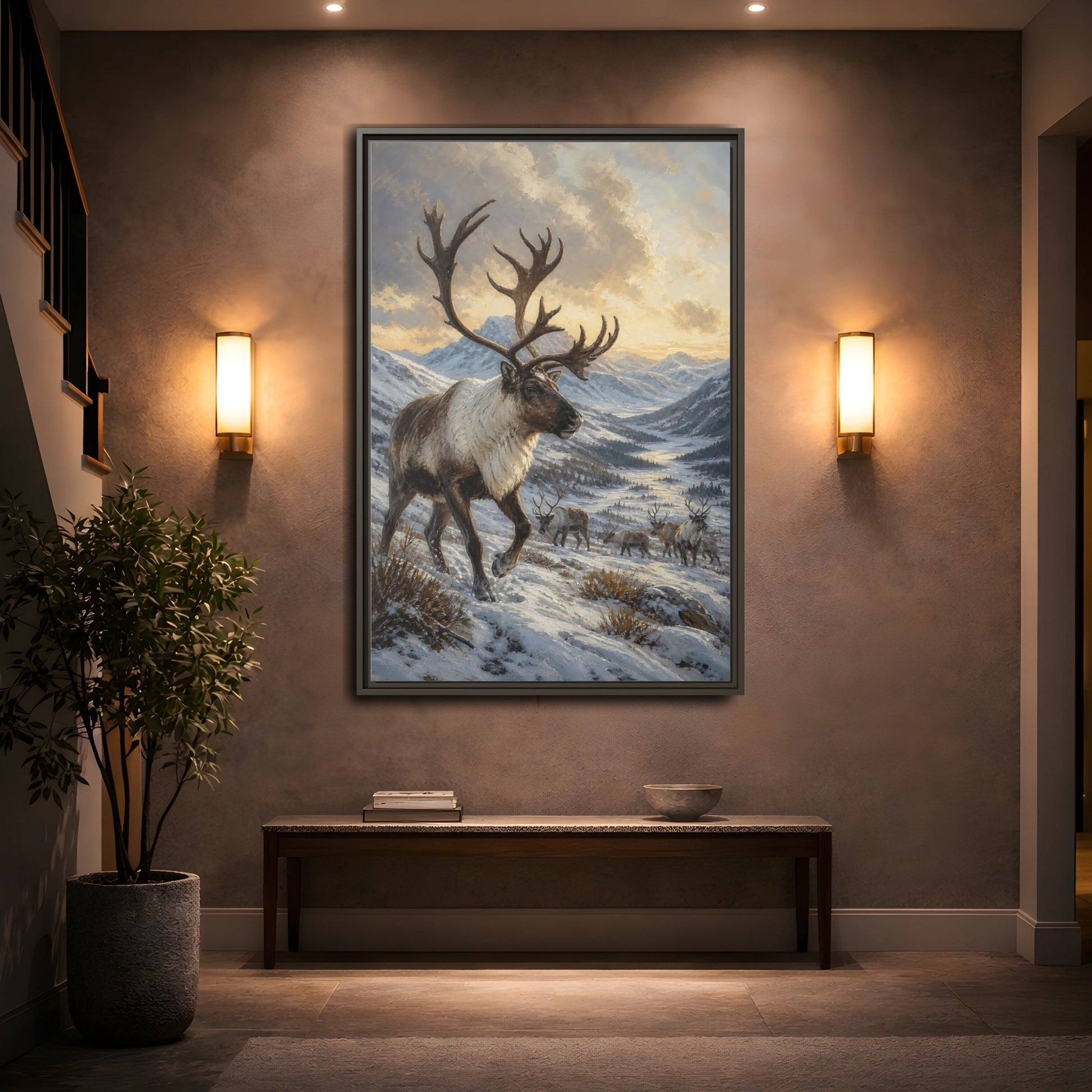 Mockup 2. Animals Reindeer Herd Winter Reindeer Scene shown as stretched canvas wall art