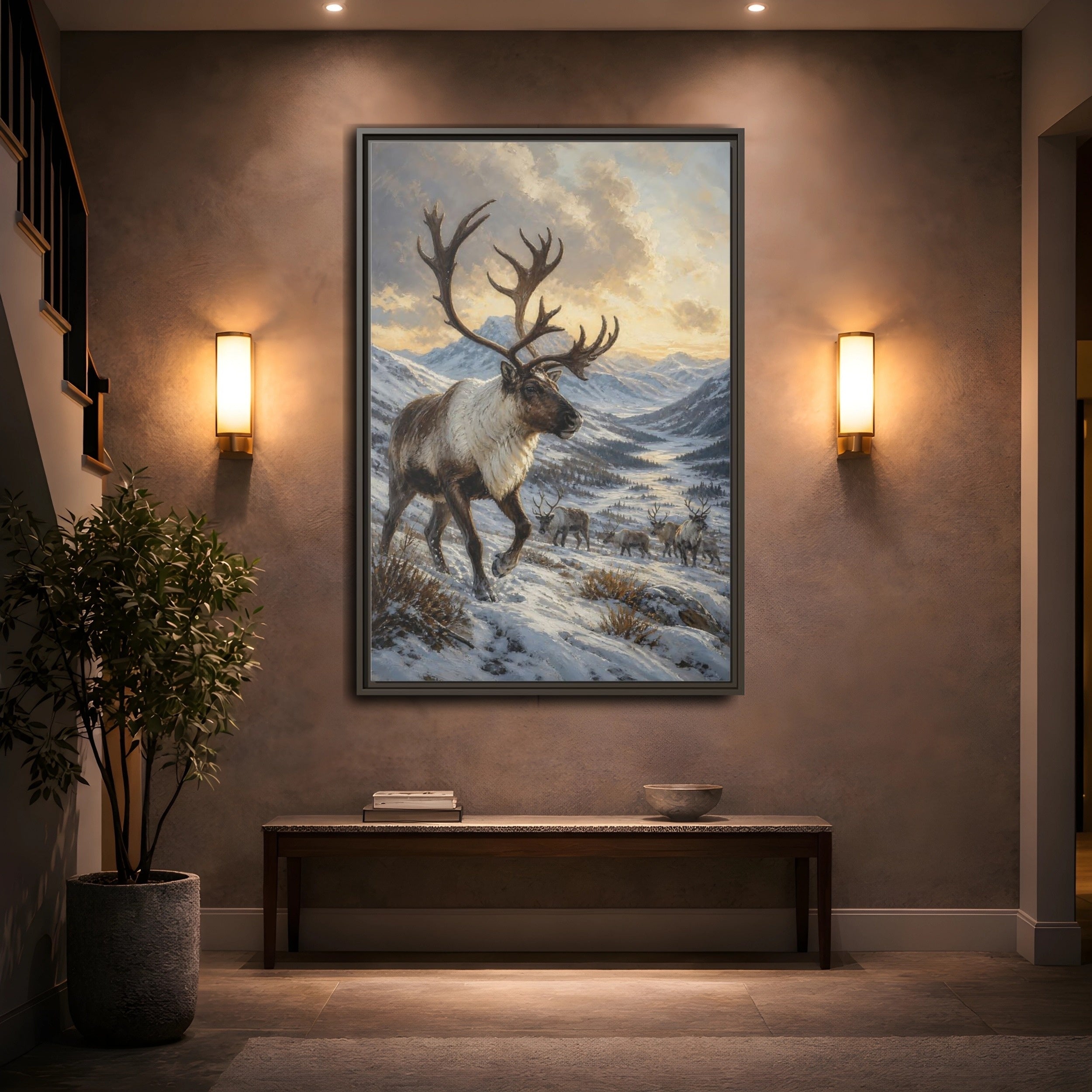 Mockup 2. Animals Reindeer Herd Winter Reindeer Scene shown as stretched canvas wall art