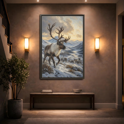 Mockup 2. Animals Reindeer Herd Winter Reindeer Scene shown as stretched canvas wall art