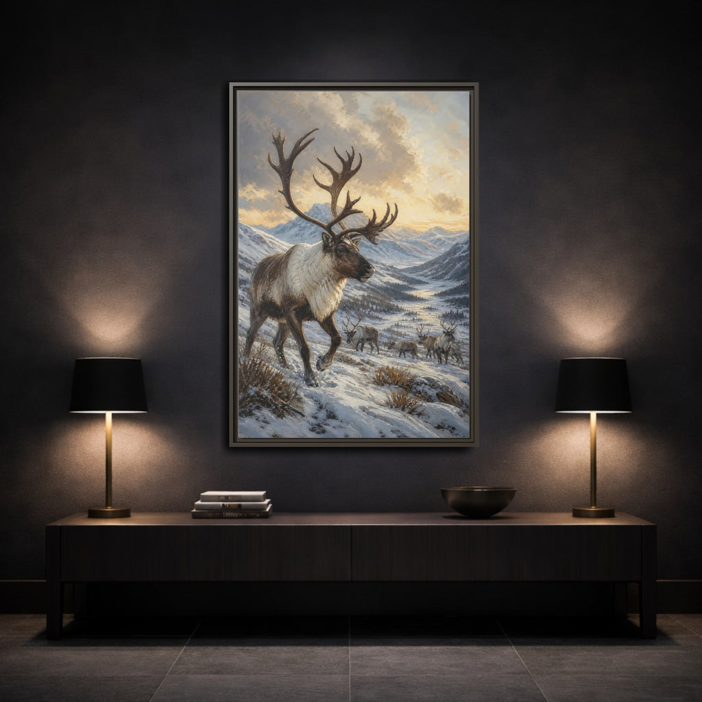 Mockup 3. Animals Reindeer Herd Winter Reindeer Scene shown as stretched canvas wall art