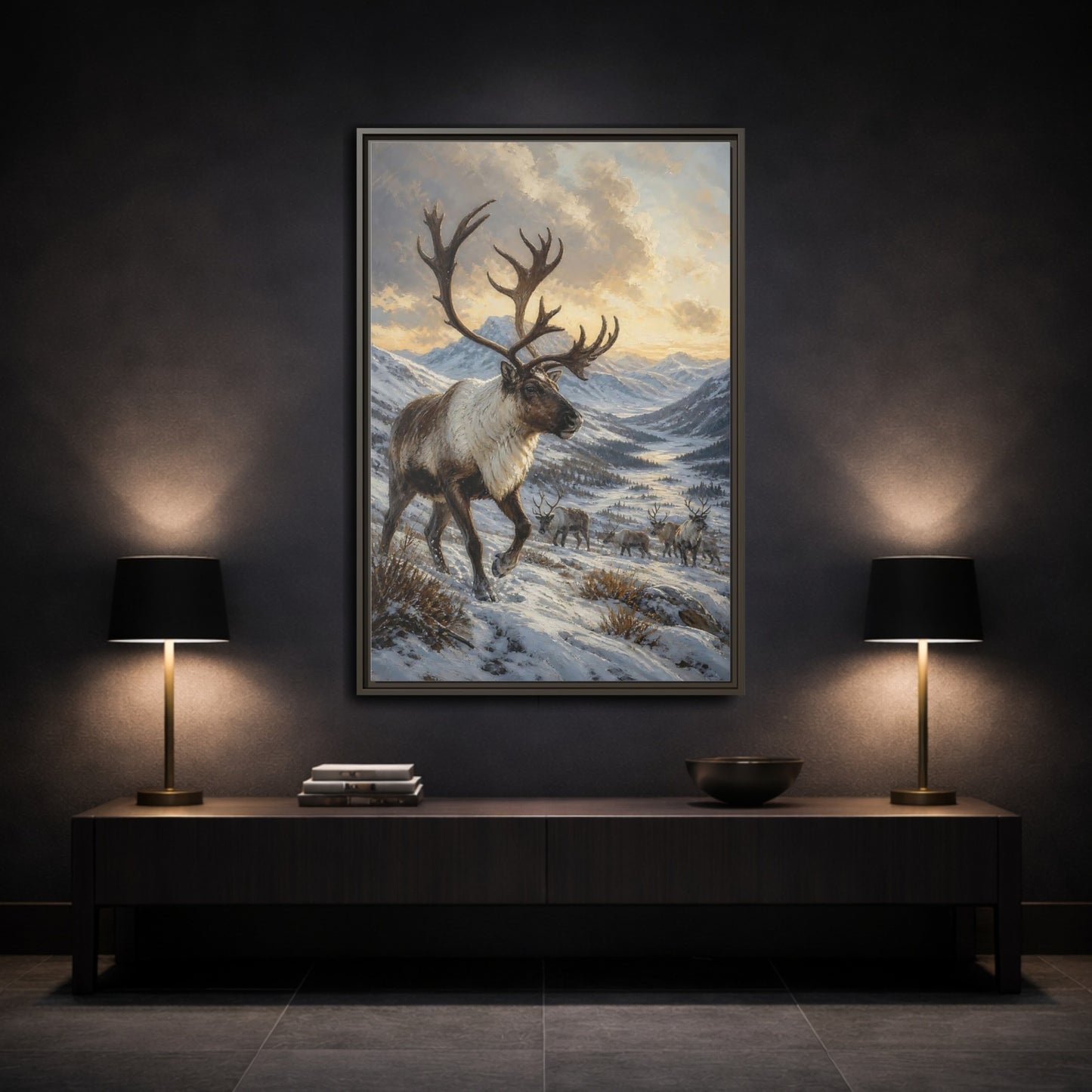 Mockup 3. Animals Reindeer Herd Winter Reindeer Scene shown as stretched canvas wall art