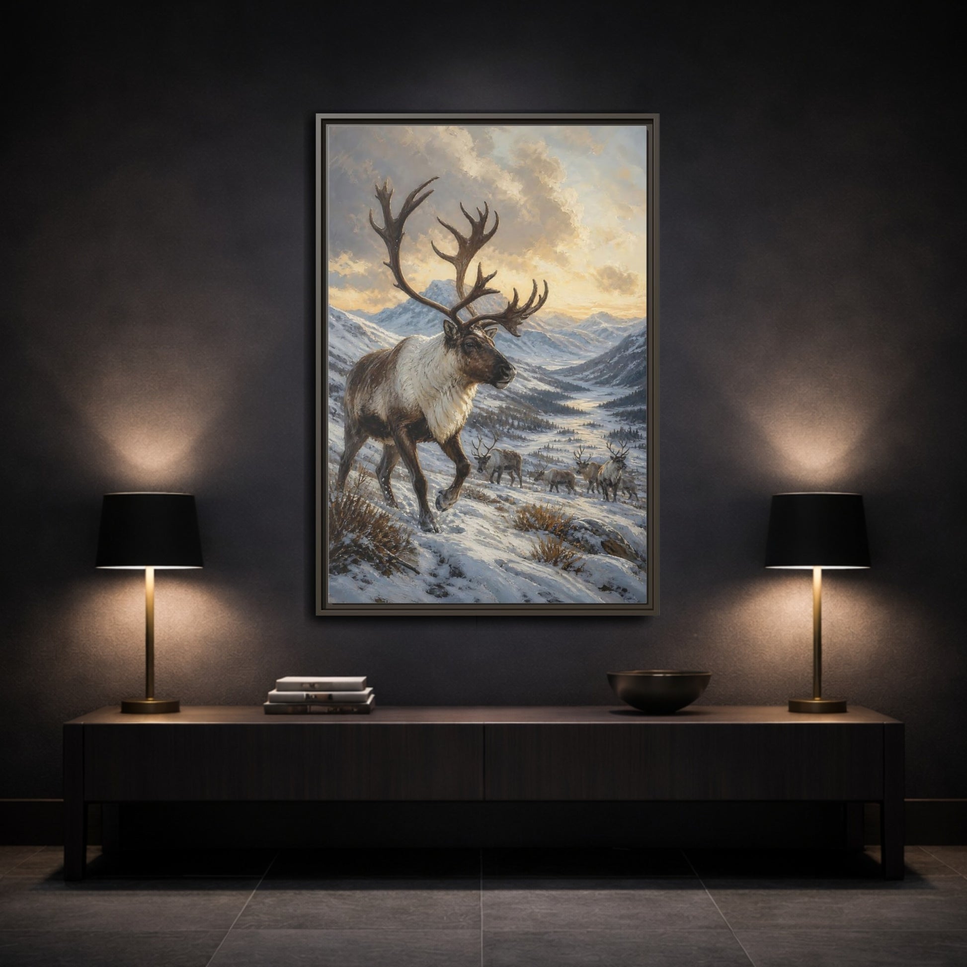 Mockup 3. Animals Reindeer Herd Winter Reindeer Scene shown as stretched canvas wall art