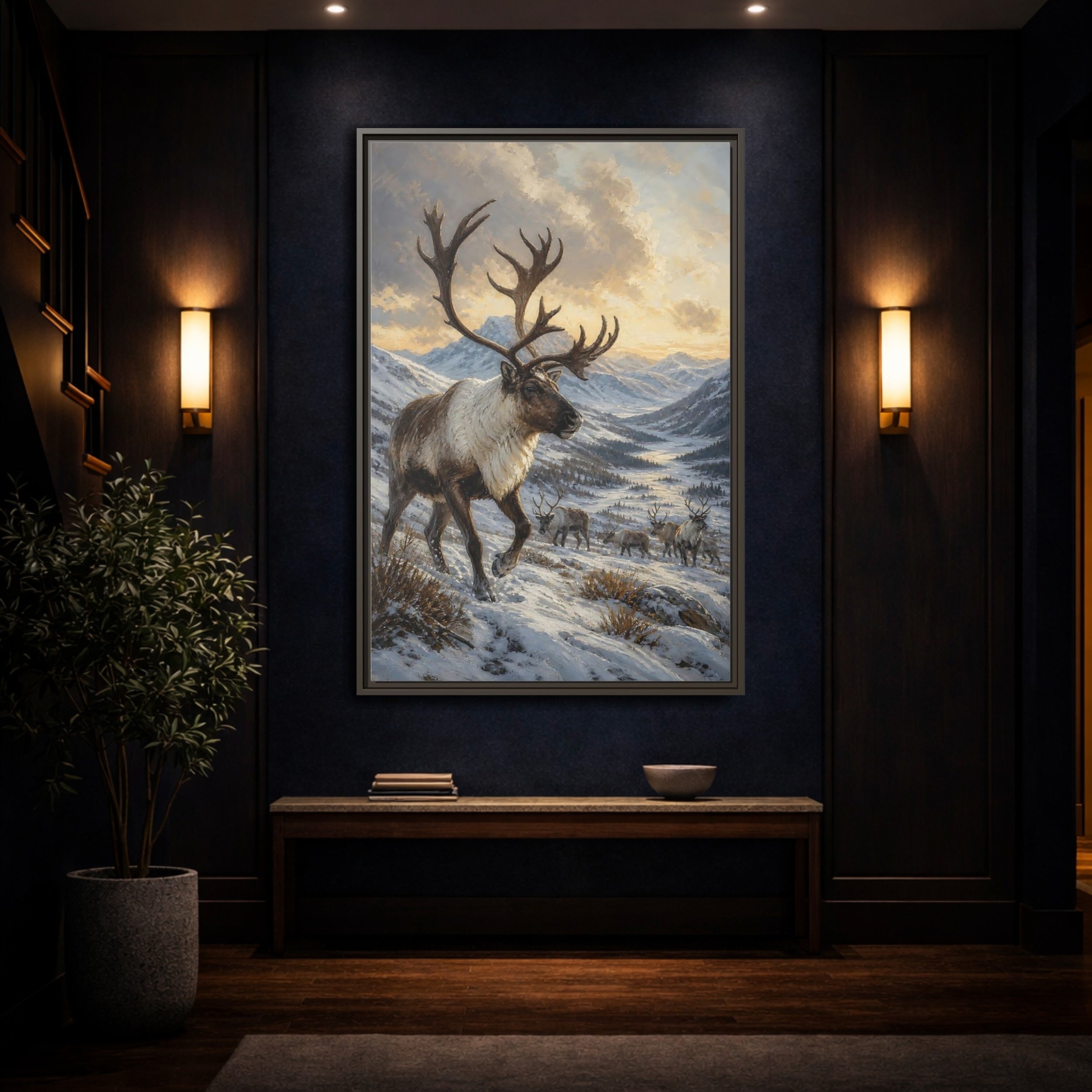 Mockup 4. Animals Reindeer Herd Winter Reindeer Scene shown as stretched canvas wall art