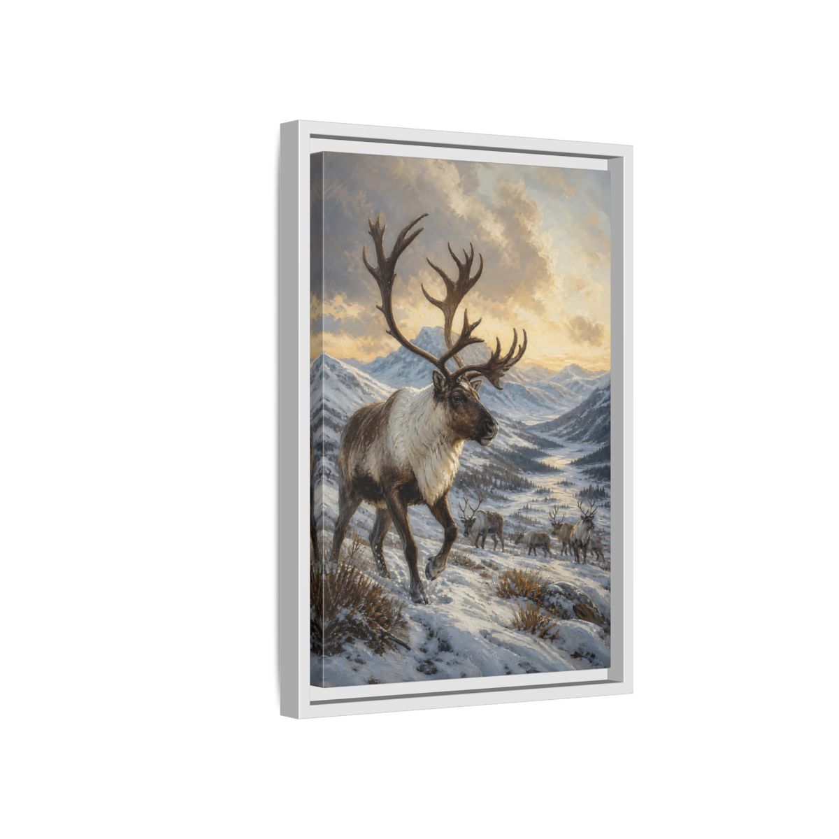 Side Mockup 4. Animals Reindeer Herd Winter Reindeer Scene shown as stretched canvas wall art